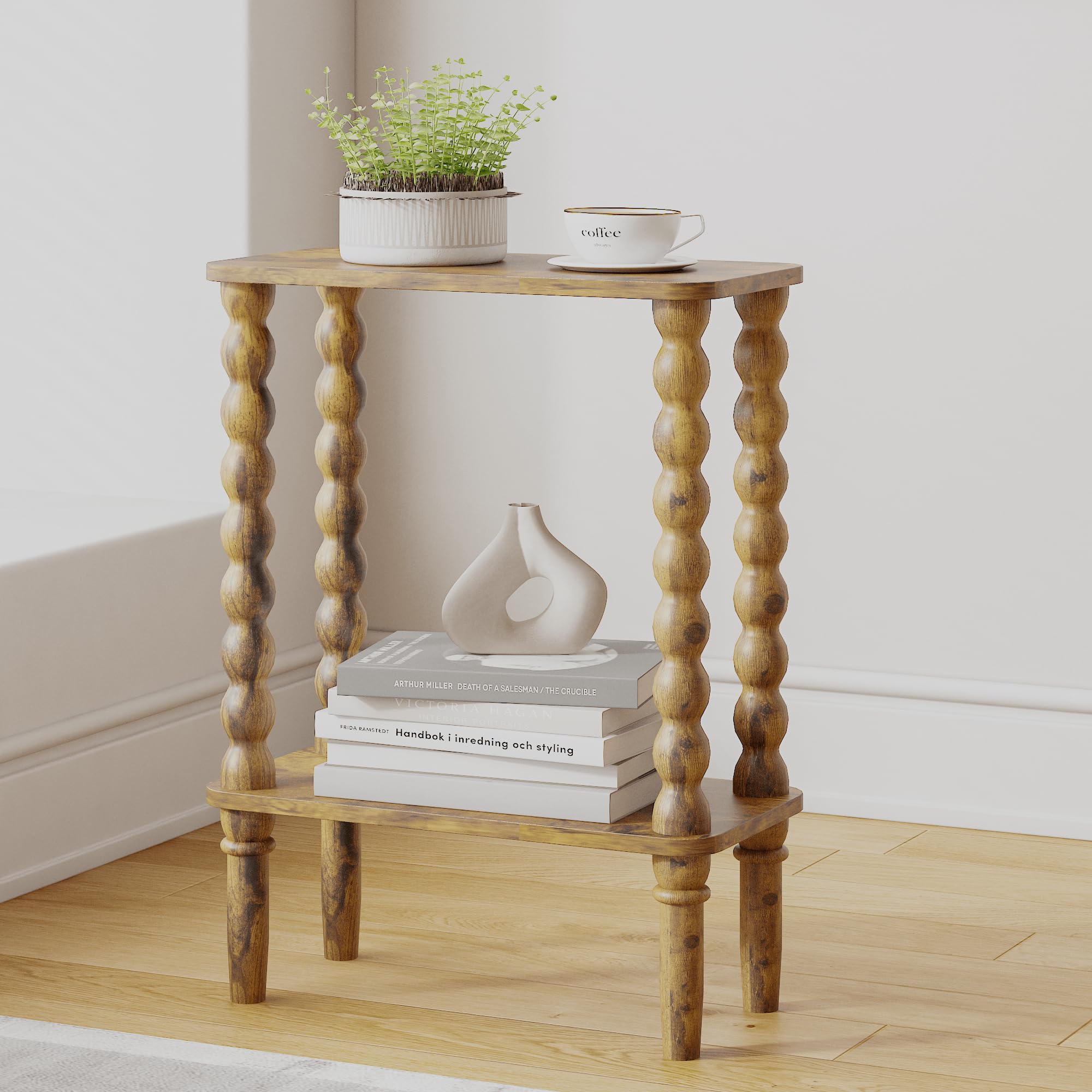 JERX 2-Tier Wooden Side Table – Narrow Nightstand with Solid Wood Legs