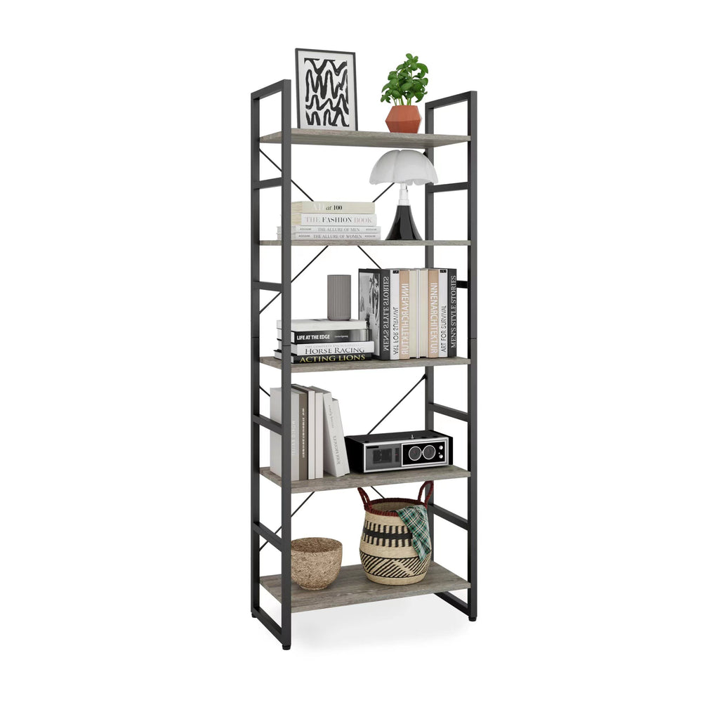 TREETALK 5-Tier Industrial Bookshelf – Grey Standing Storage Rack