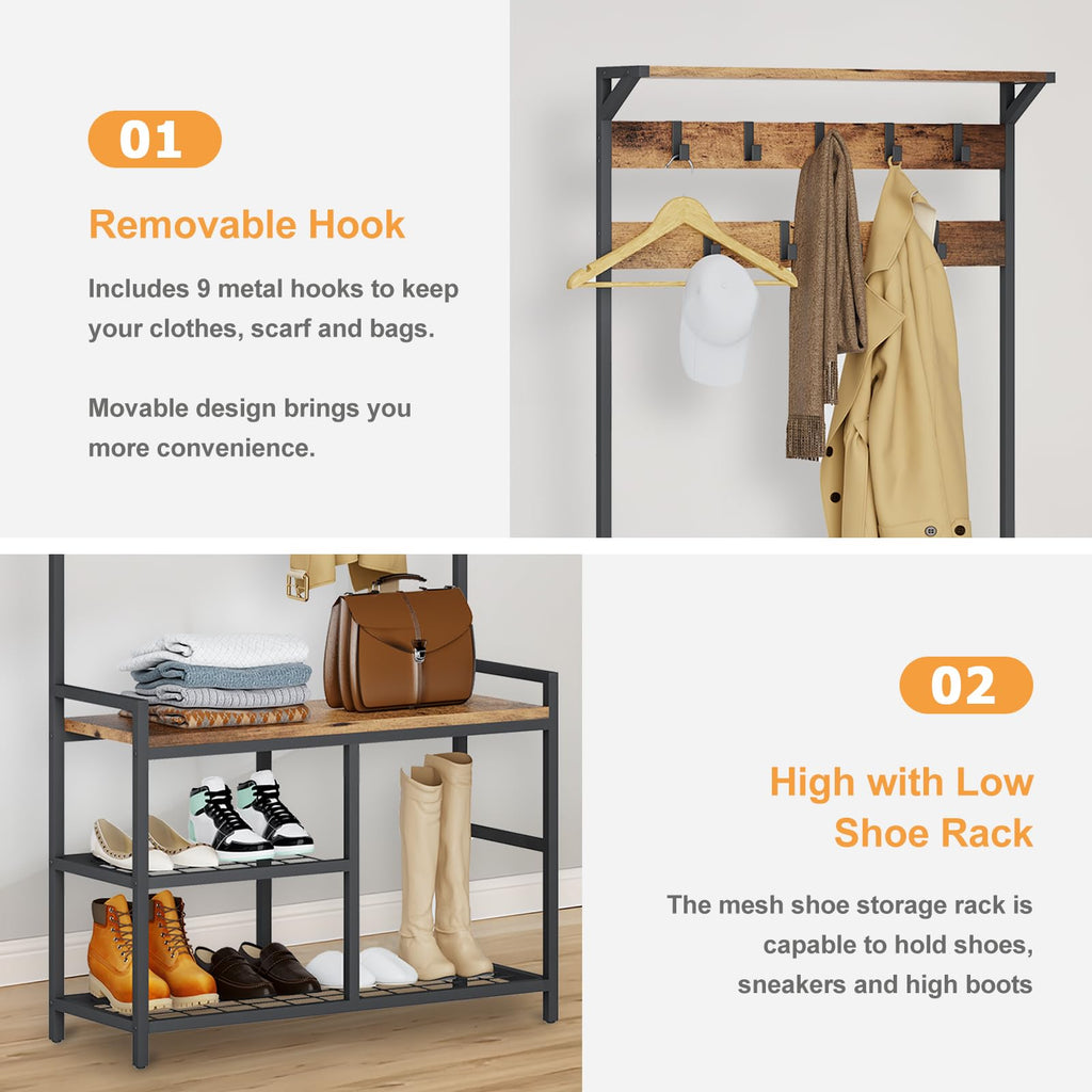 Industrial Coat Rack Freestanding Hall Tree 33"x12"x71.5" Rustic Brown - image 3