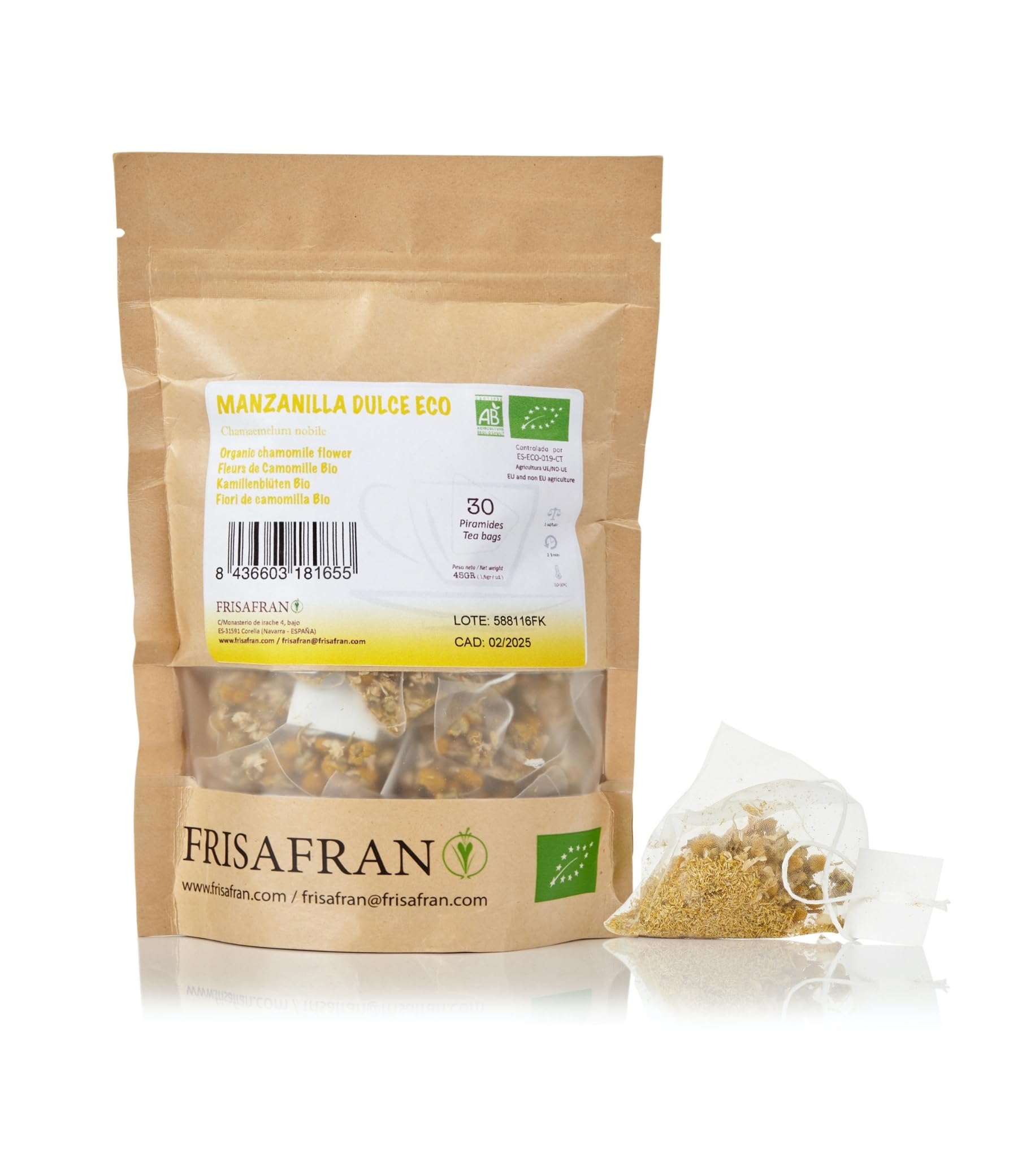Frisafran Organic Chamomile Tea – Whole Flower Herbal Infusion, 30 Pyramids