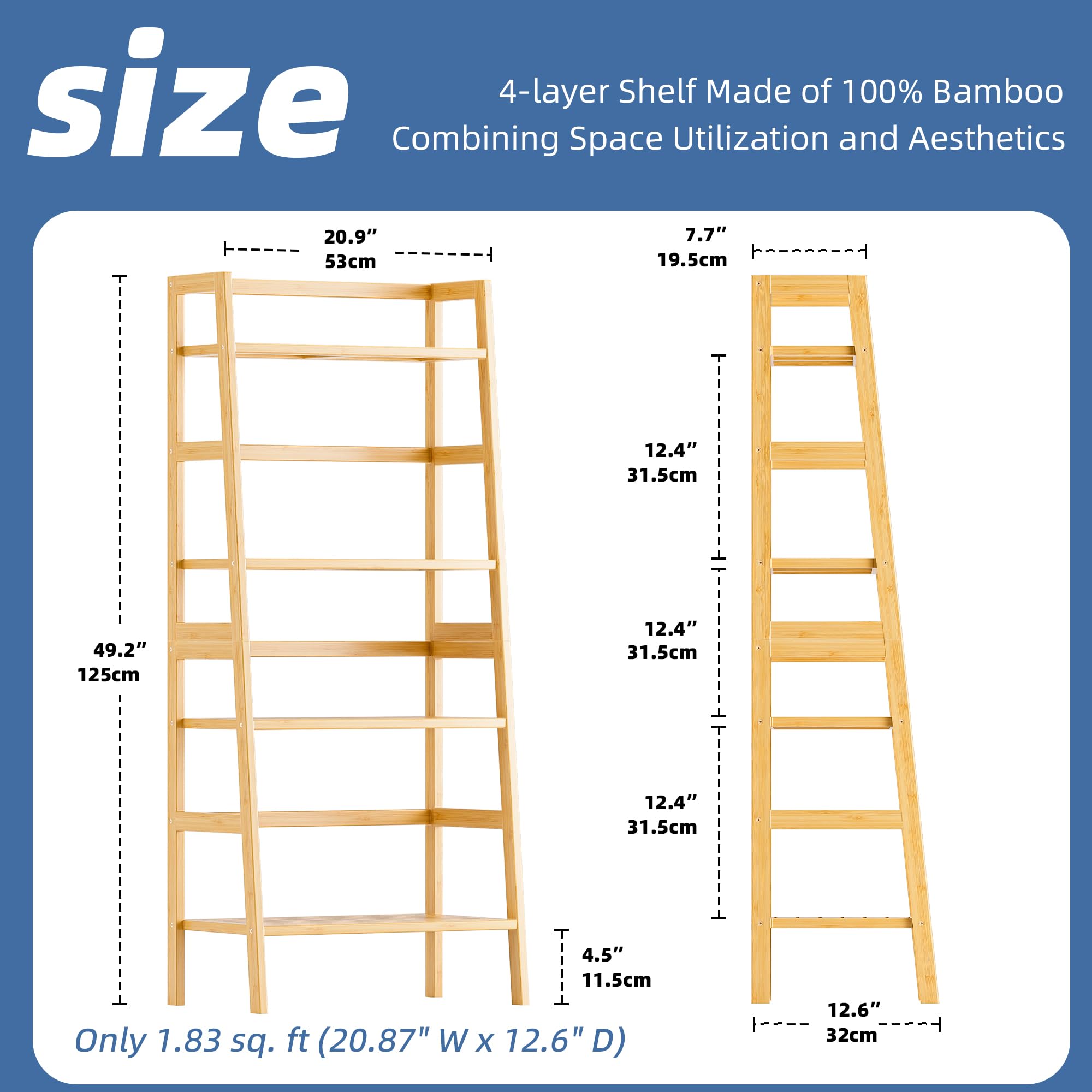HITNET 4-Tier Bamboo Ladder Shelf | Freestanding Bookcase & Plant Stand