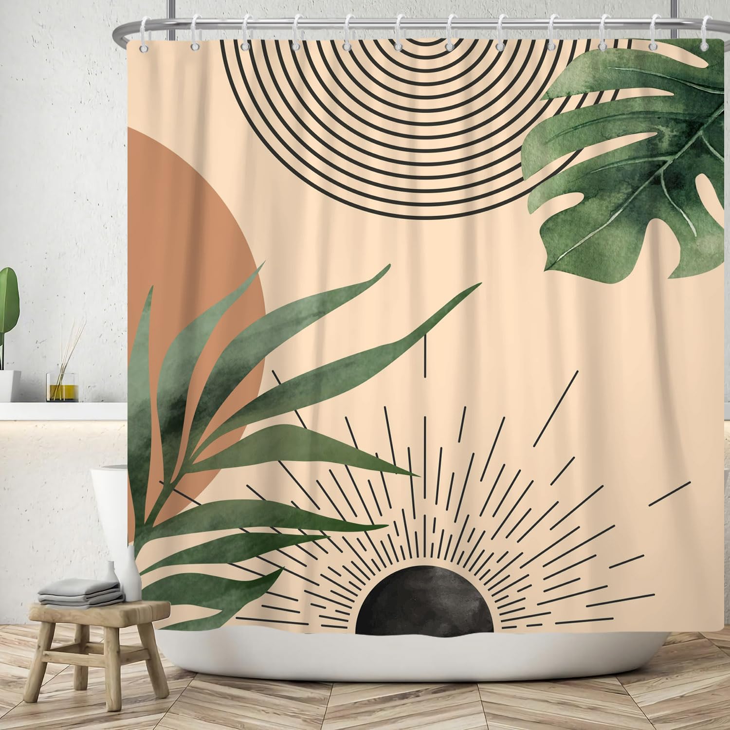 Boho Shower Curtain – Abstract Green Leaves Waterproof Polyester