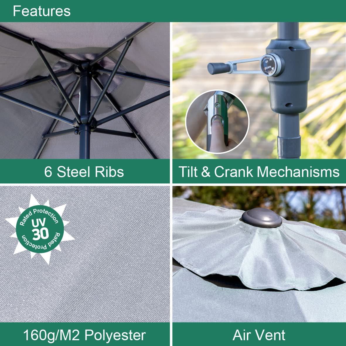 GardenKraft 2.7m Garden Parasol - Grey Tilt & Crank Outdoor Umbrella