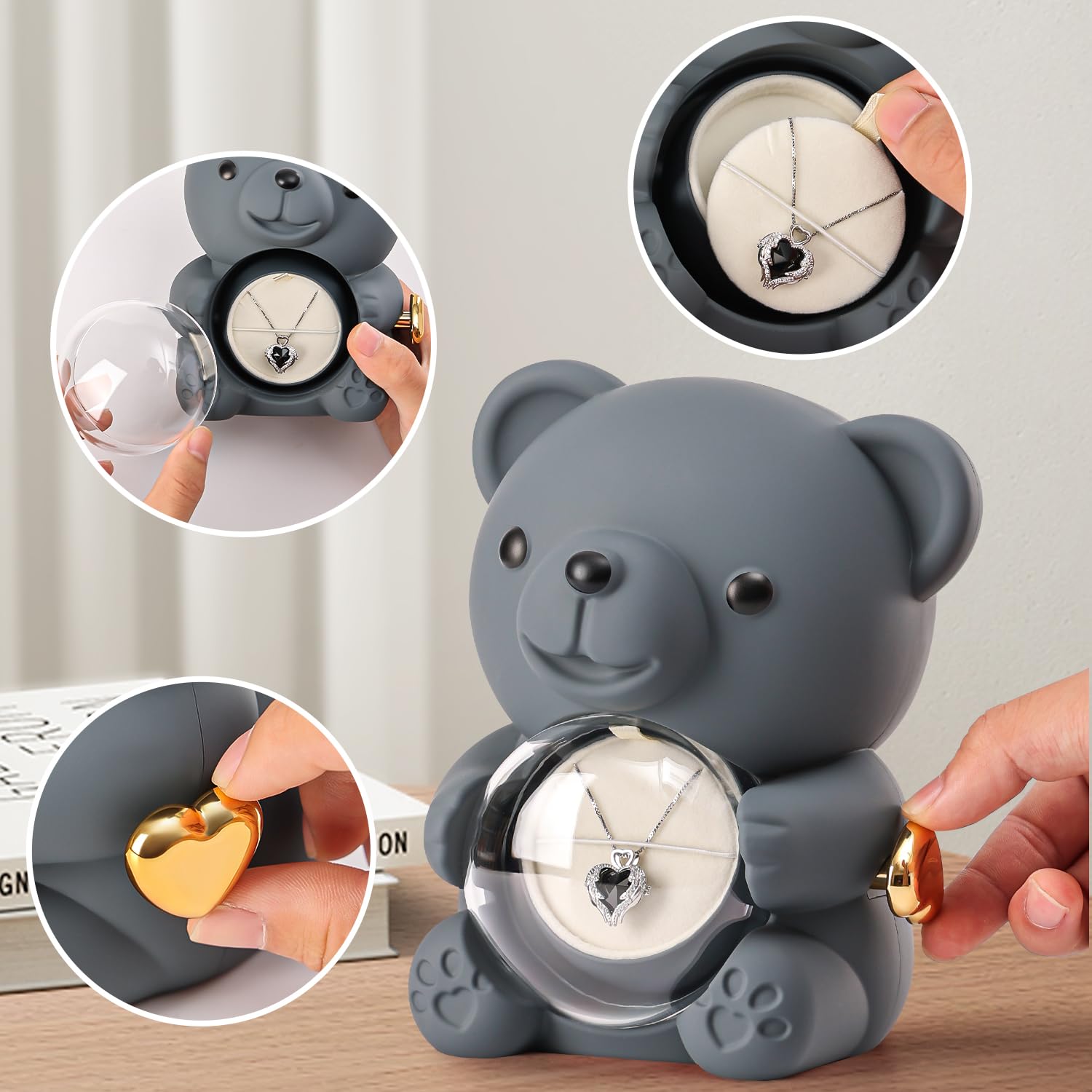 Ariceleo Teddy Bear with Preserved Rose, Jewelry Box & Necklace – Grey