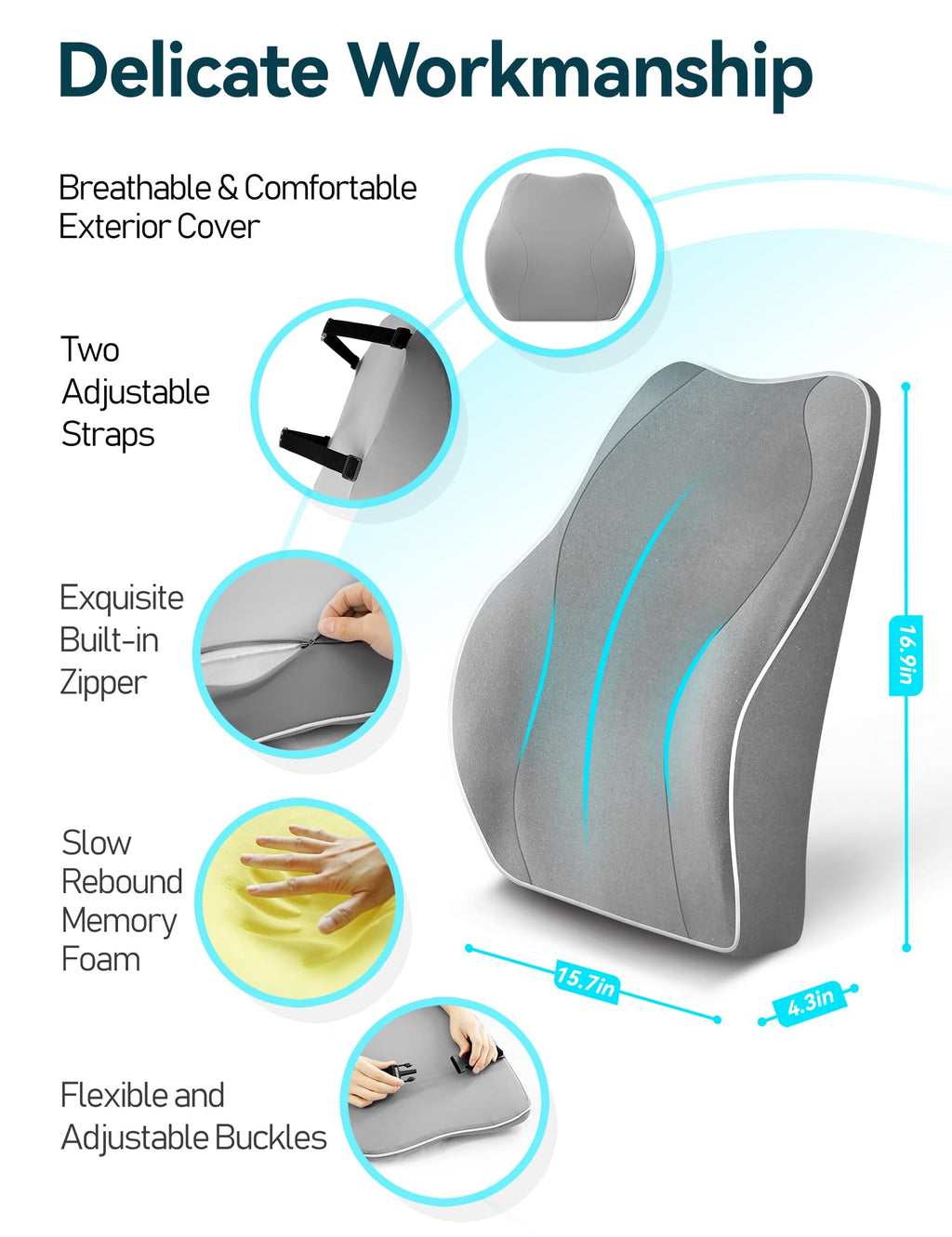 Travel Ease Memory Foam Lumbar Support Cushion for Office Chairs - Grey