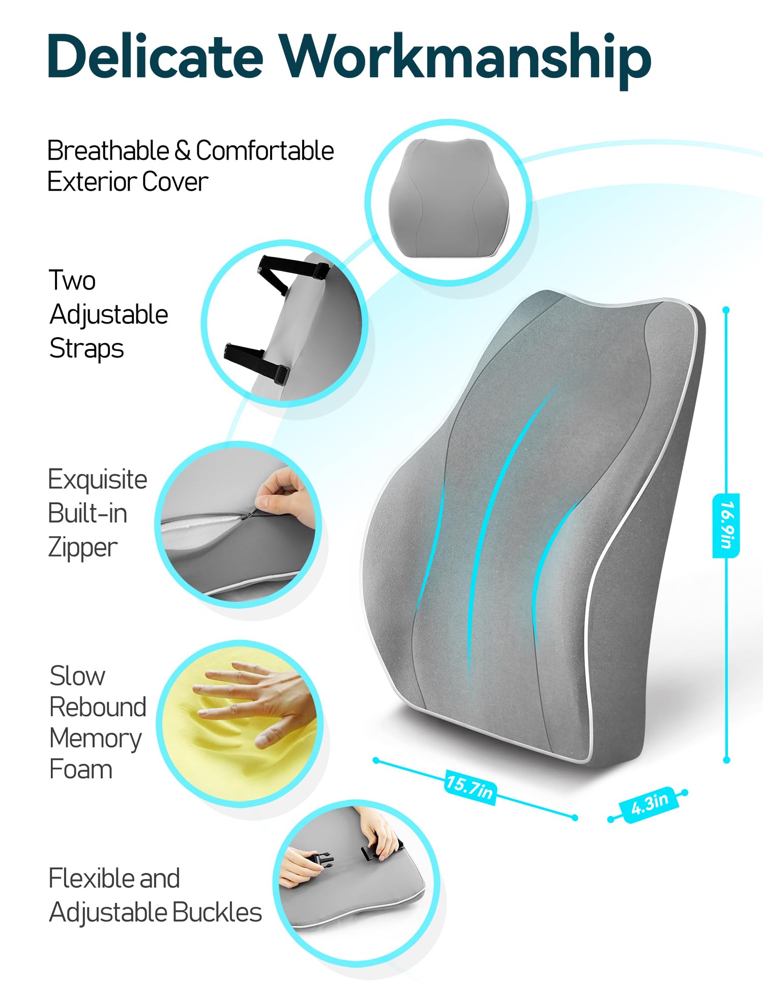 Travel Ease Memory Foam Lumbar Support Cushion for Office Chairs - Grey