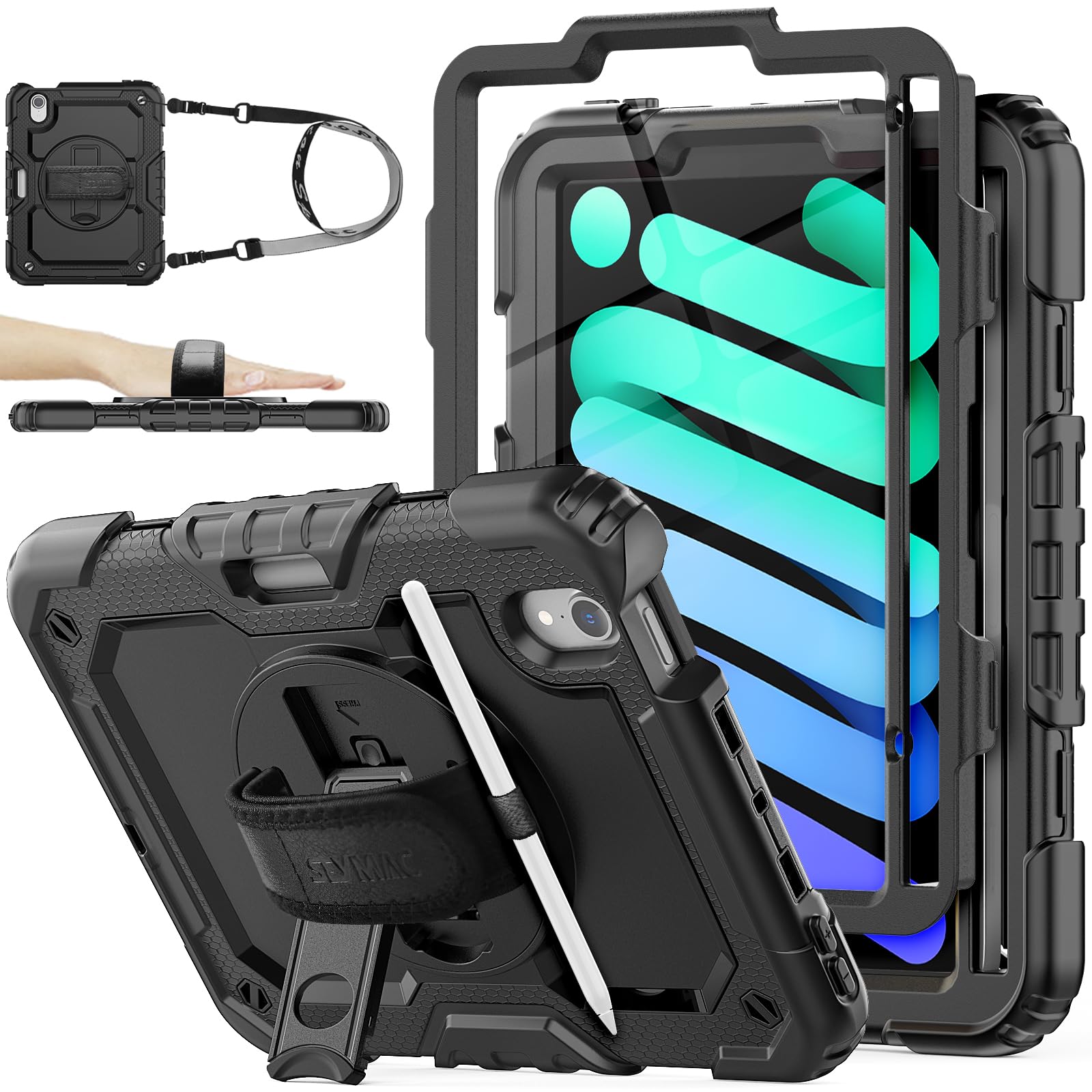 SEYMAC iPad Mini 7/6 Case - Shockproof Cover with 360 Rotating Stand