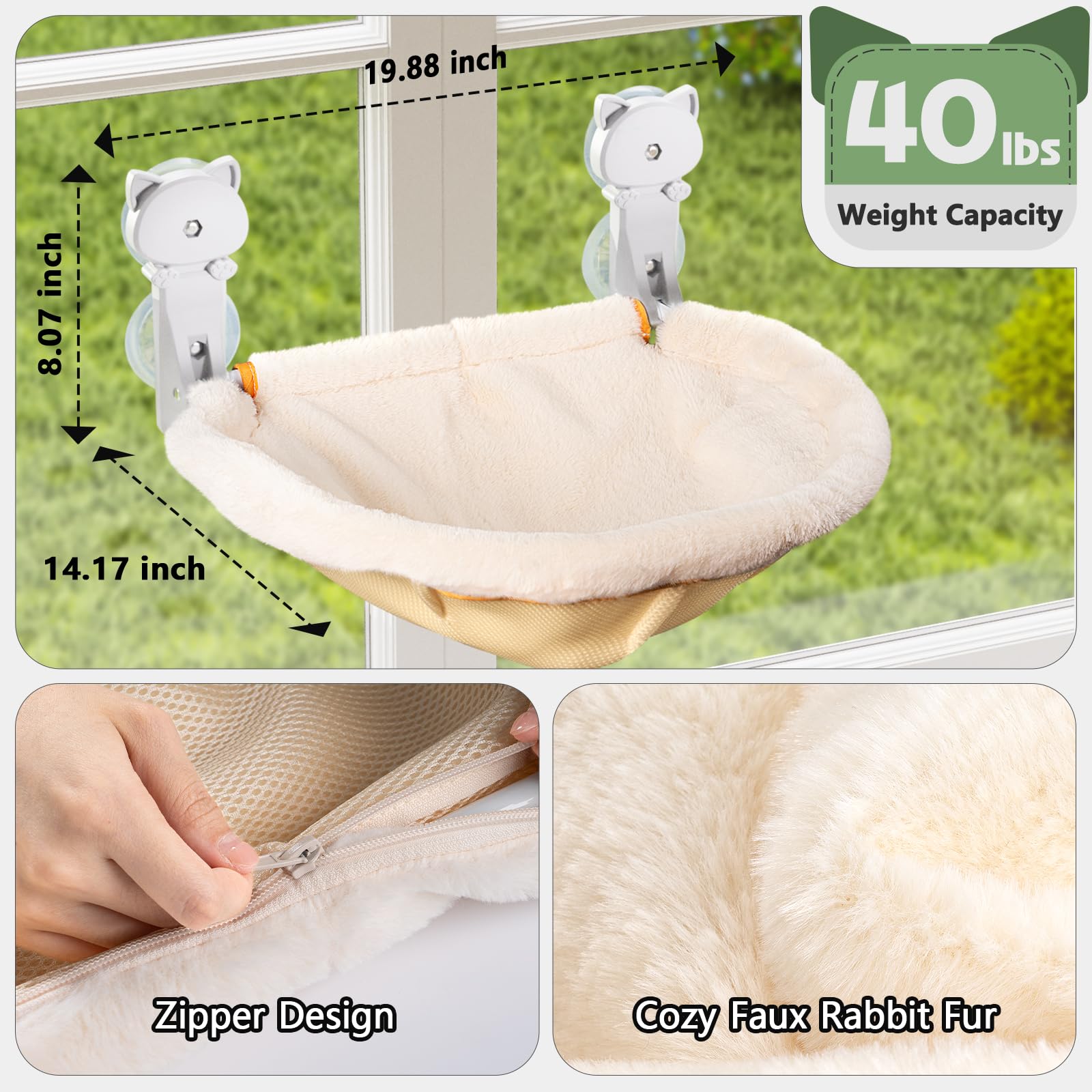 JUNSPOW Cat Window Perch | Foldable Cordless Hammock Bed - 40lb Hold