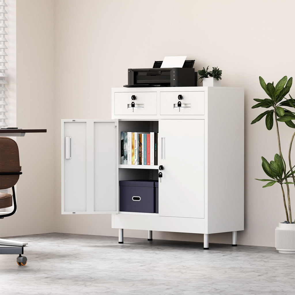 JINGUR Metal Storage Cabinet with Locking Doors and 2 Drawers White