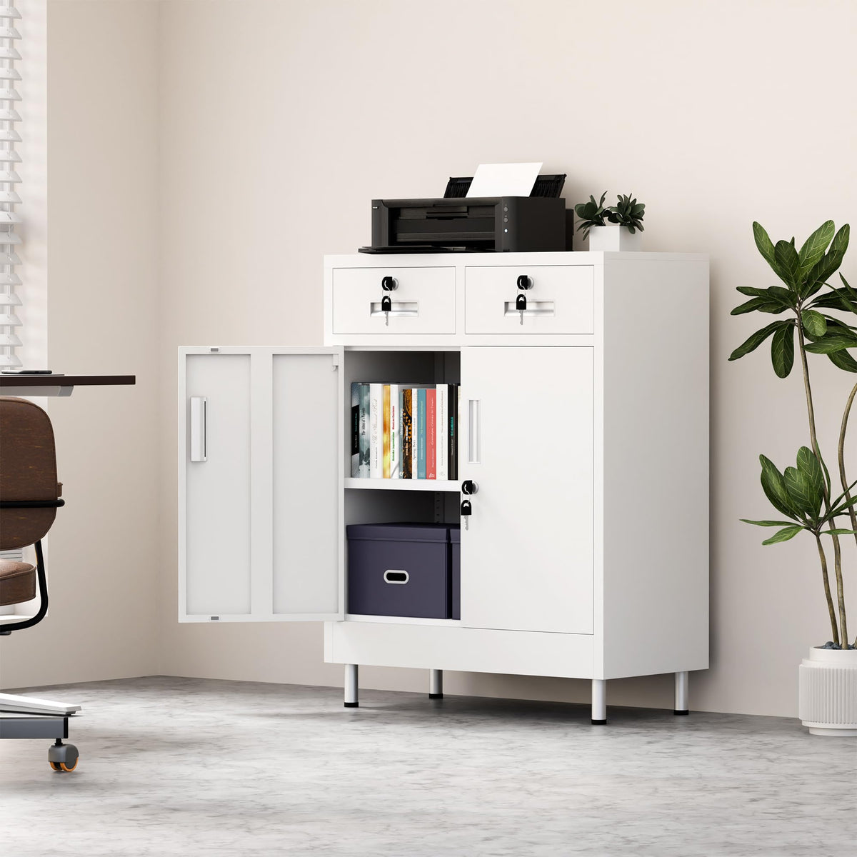JINGUR Metal Storage Cabinet with Locking Doors and 2 Drawers White