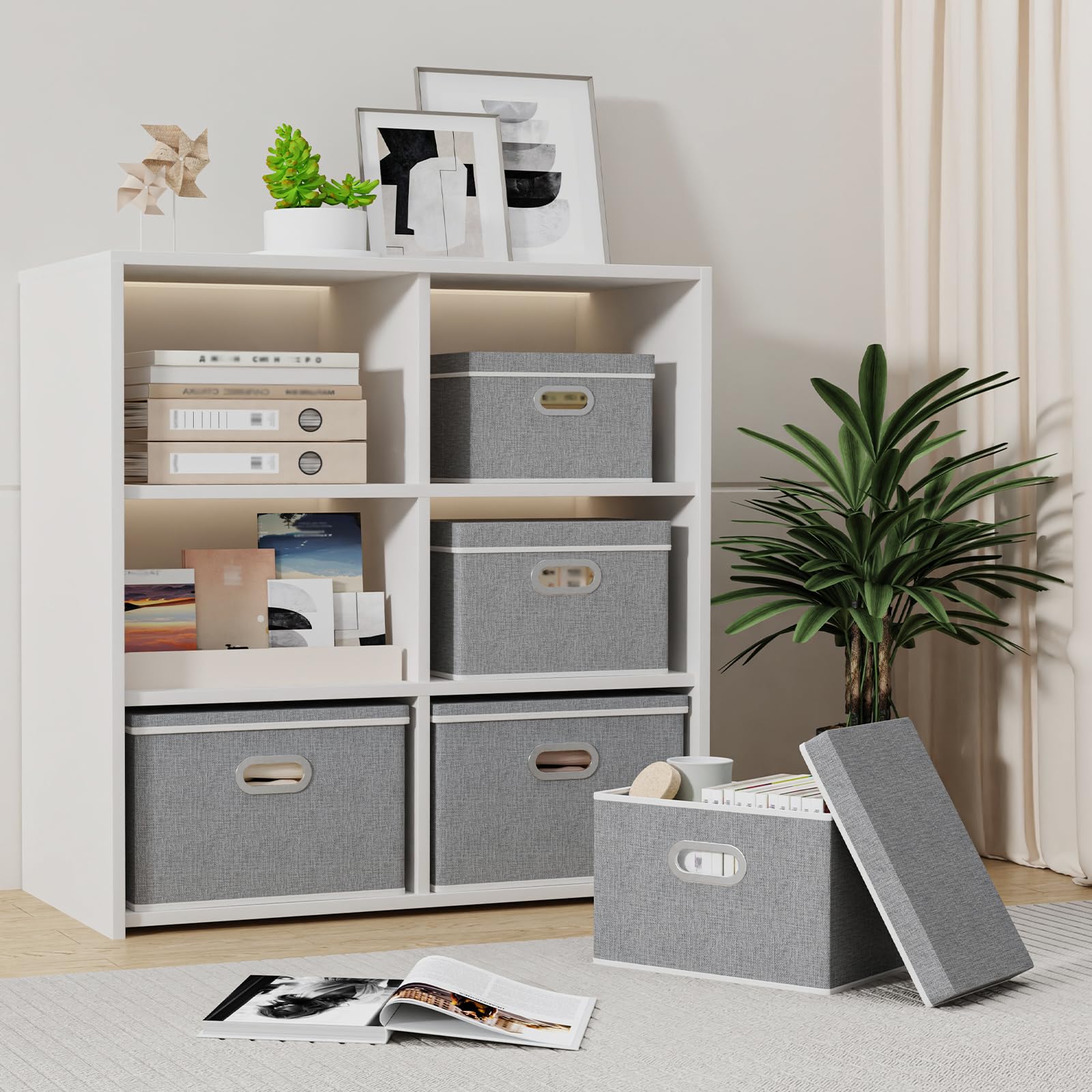 Yawinhe Collapsible Fabric Storage Bins with Lids - Grey, 3 Pack