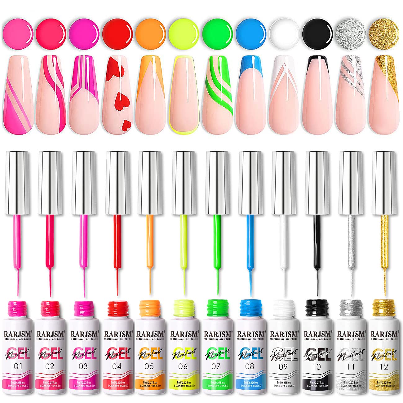 RARJSM 12 Color Nail Art Liner Gel Polish Kit – DIY French Manicure Set