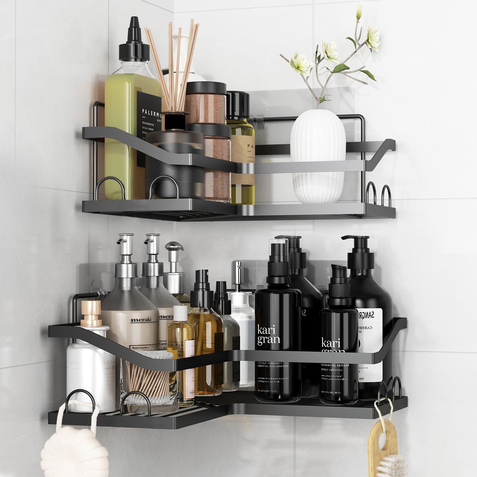 KedioPio Corner Shower Caddy | 2-Pack Rustproof Adhesive Shelves with Hooks
