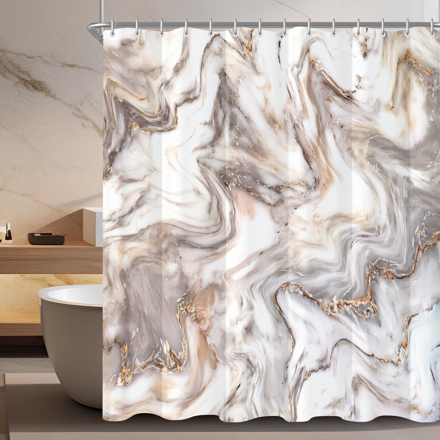 Lerores Grey Yellow Marble Shower Curtain - 200x200cm Anti-Mould Fabric
