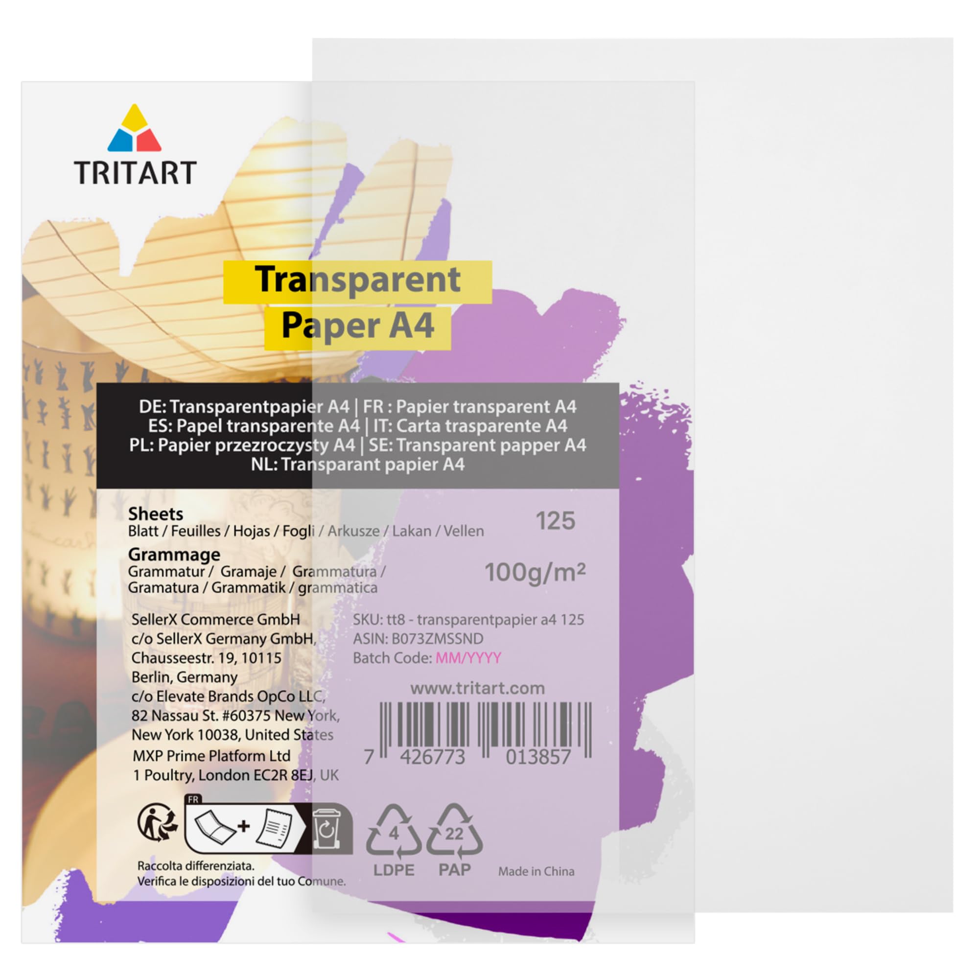 Tritart A4 Tracing Paper 100g/m² | 125 Sheets Vellum for Printer & Sewing