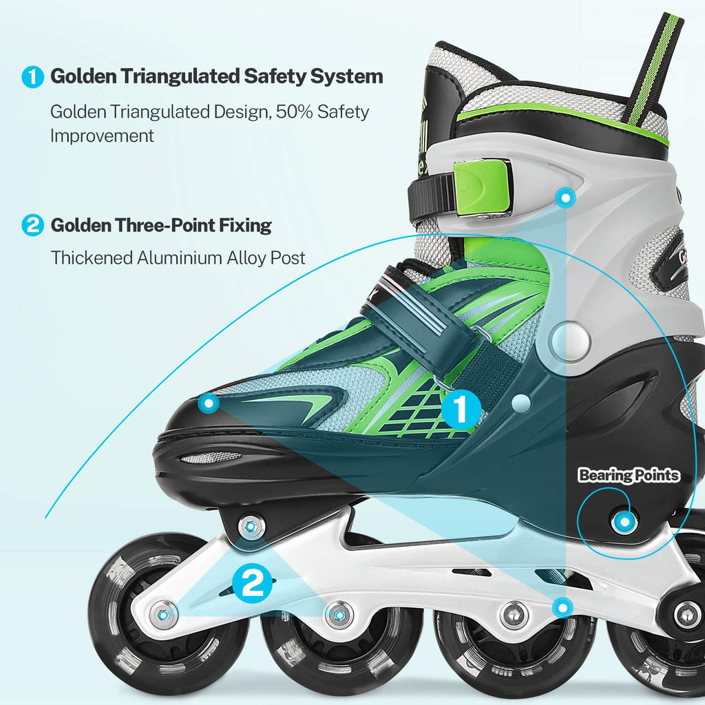 Gonex Adjustable Inline Skates for Kids - 8 LED Flashing Wheels, Green