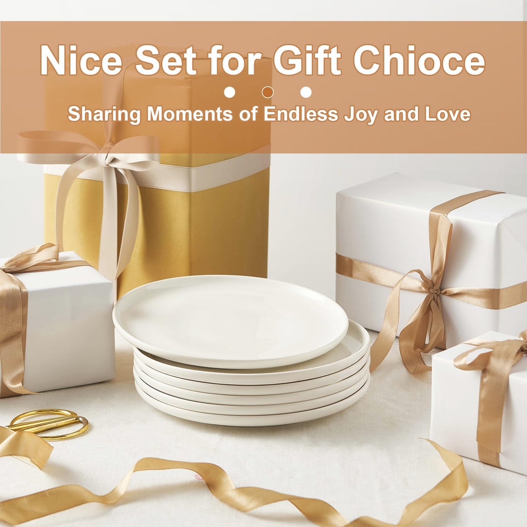 Jassceram 8.5 Inch Ceramic Dessert Plates | Set of 6 White Salad Plates