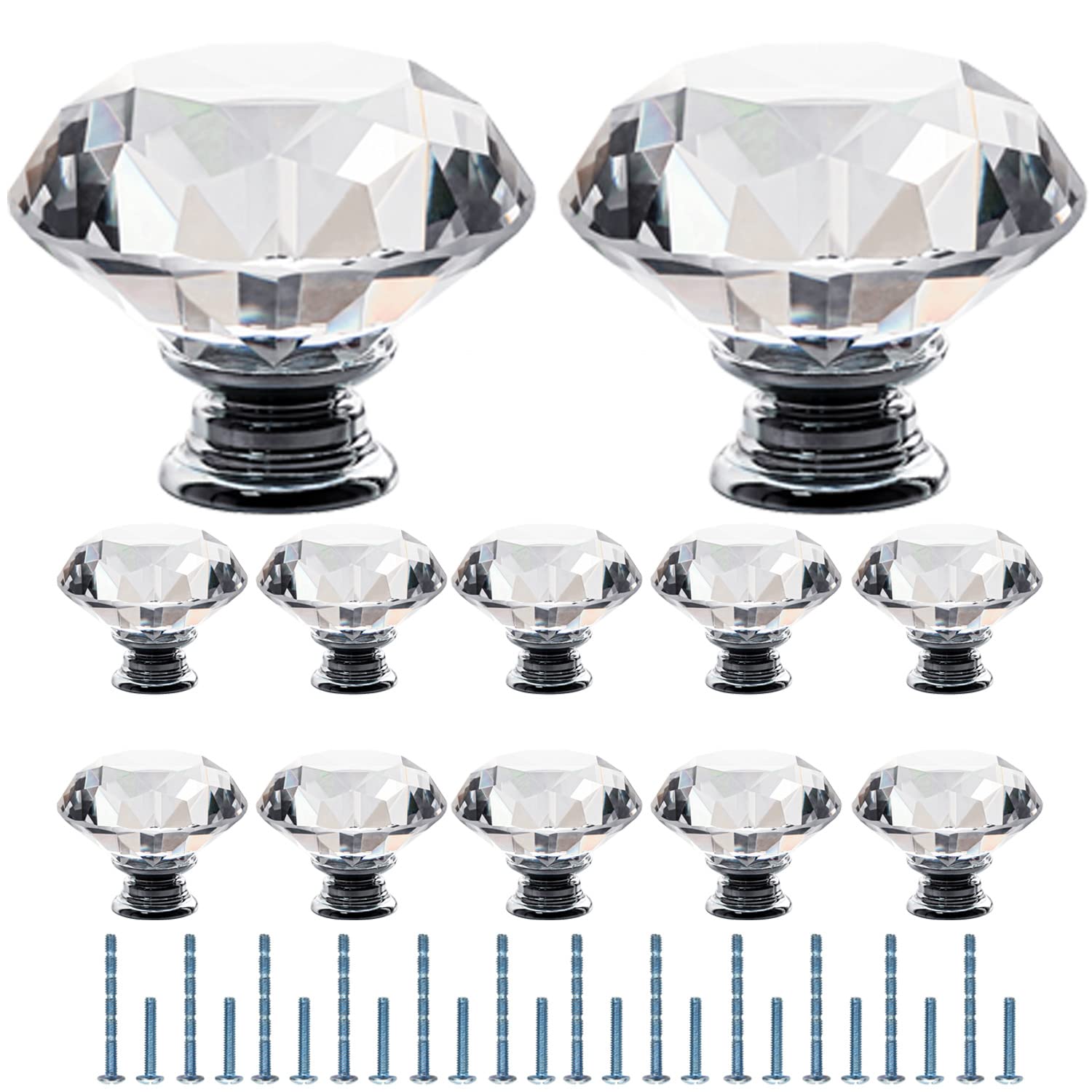 Furniware Clear Crystal Door Knobs | 12 Pcs 50mm Diamond Glass Handles