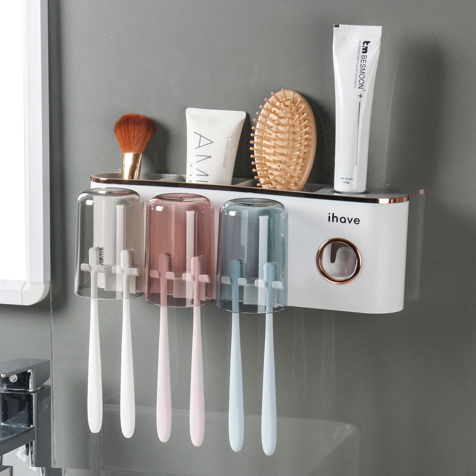 iHave Wall Mounted Toothbrush Holder with Toothpaste Dispenser | 3 Cups
