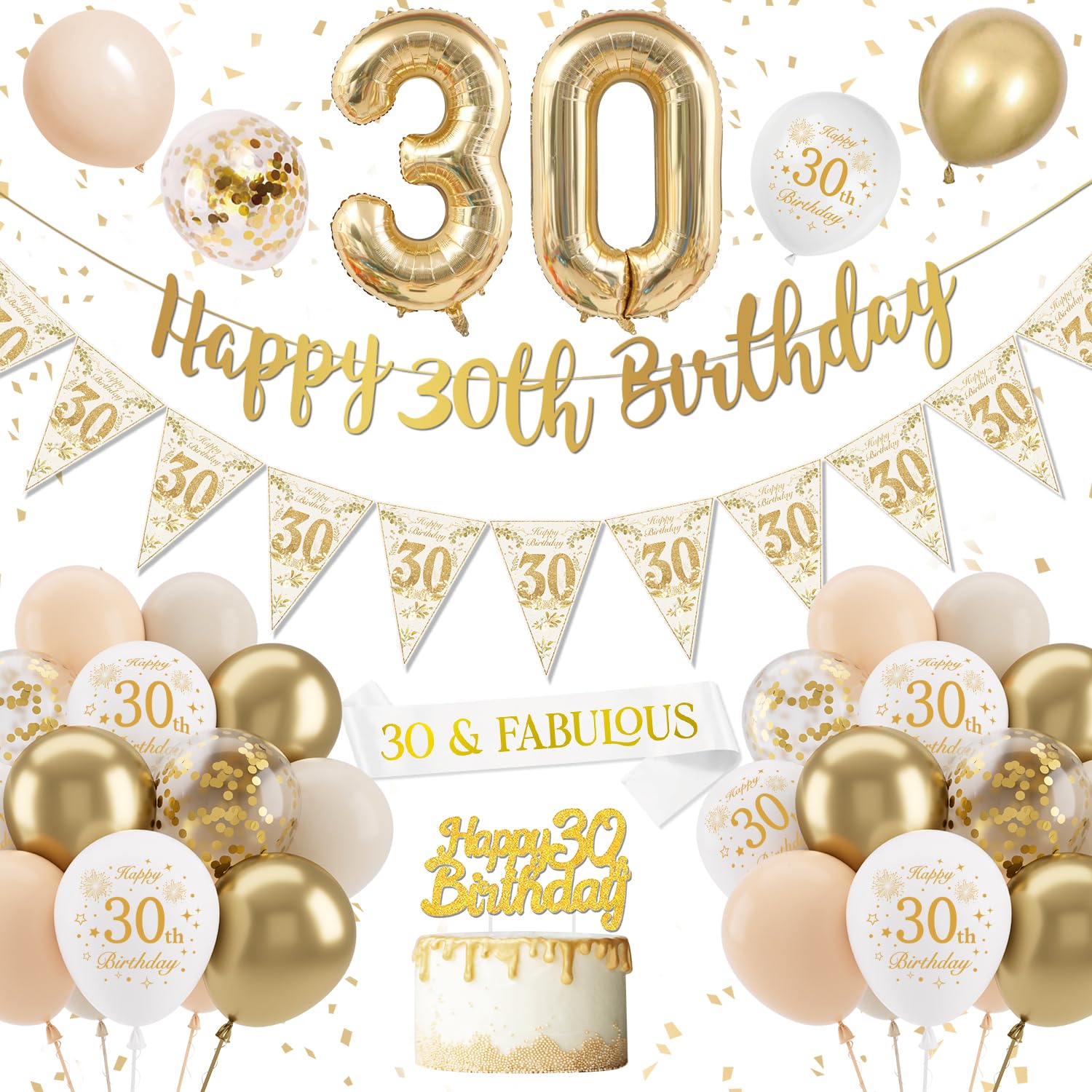 Jolof Store 30th Birthday Decorations Set - Sand White & Gold Party Kit