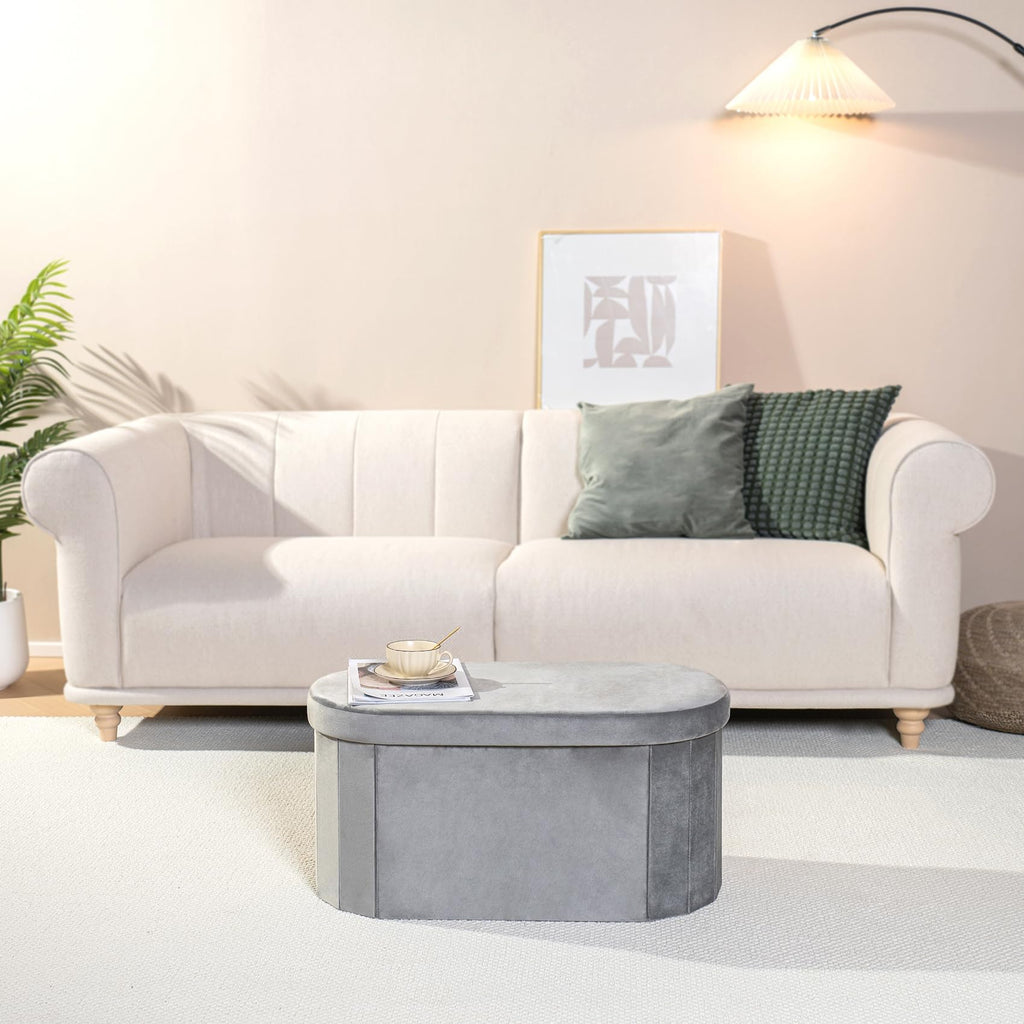 Bonlife Grey Velvet Ottoman Storage Bench | Foldable Oval Toy Box