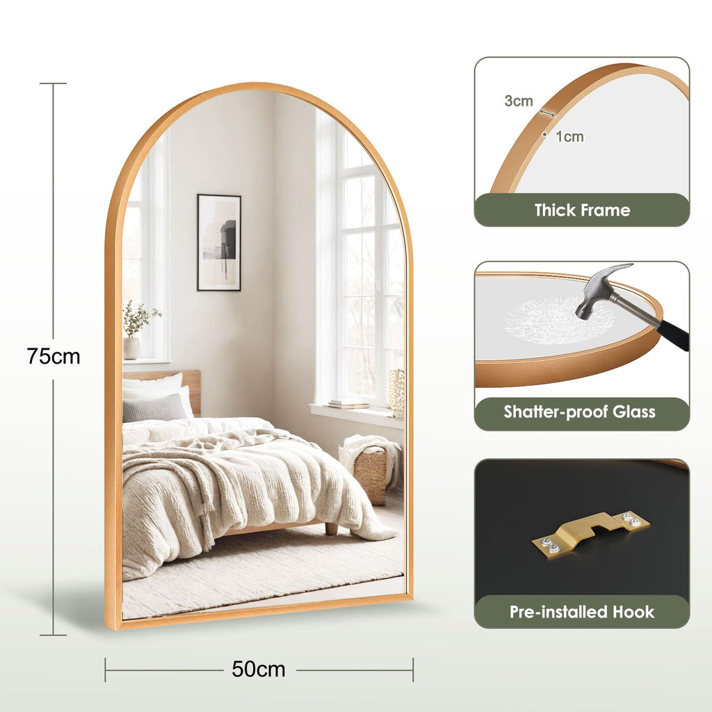 Dripex Arched Wall Mirror – 50x75cm Gold Aluminum Frame for Bathroom