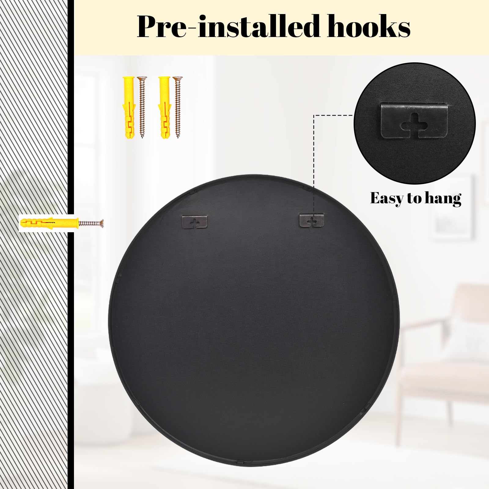 Koonmi 50cm Black Round Wall Mirror | Aluminum Alloy Frame Circle Mirror