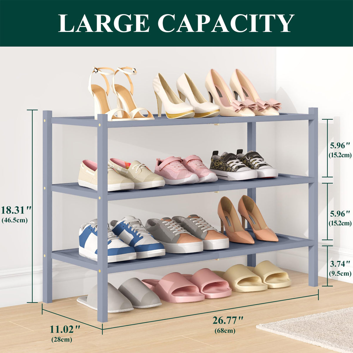 smiry Bamboo Shoe Rack, 3 Tier Shoe Organizer for Entryway & Living Room, Stackable Free Standing Storage Shelf for Shoes, Bags & Plants, Gray - image 3