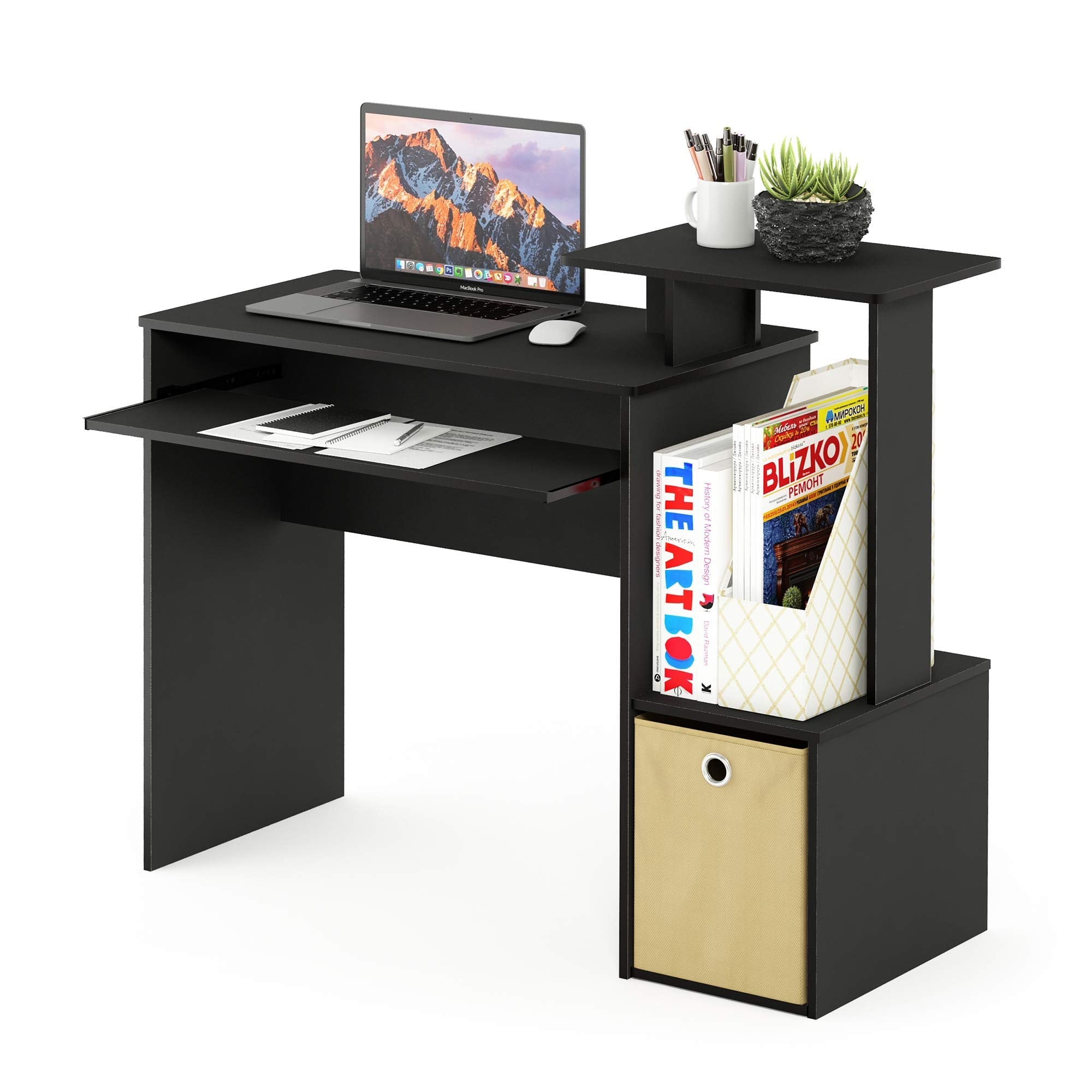 Furinno Econ Computer Writing Desk with Storage Bin | Black/Brown