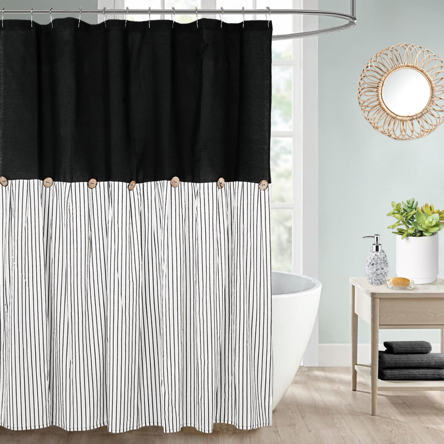 DOSLY IDÉES Farmhouse Shower Curtain | Linen Cotton Black Stripes