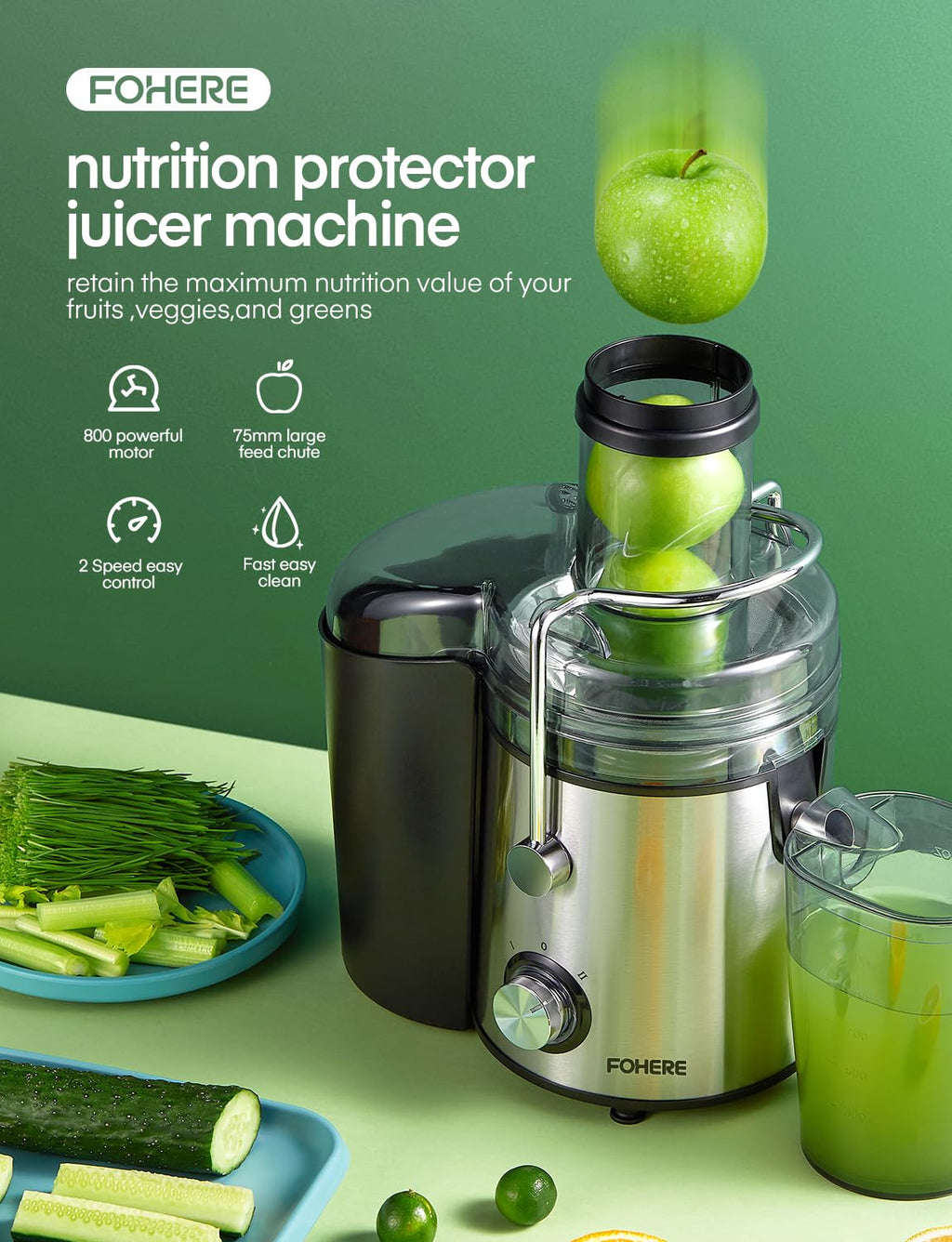 FOHERE 800W Juicer Machine – 75mm Large Feed Chute Fruit Extractor