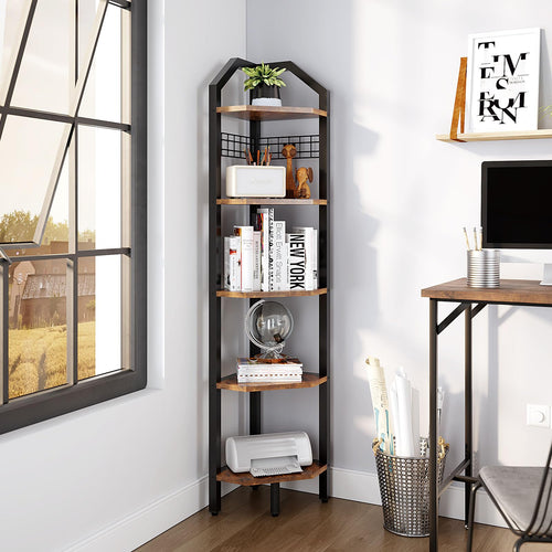 YMYNY 5-Tier Corner Shelf – 176cm Industrial Rustic Brown Bookshelf