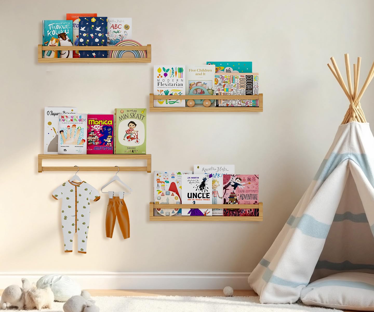 Gieanoo Nursery Floating Shelves – Set of 4 Solid Pine Wood Wall Bookshelves