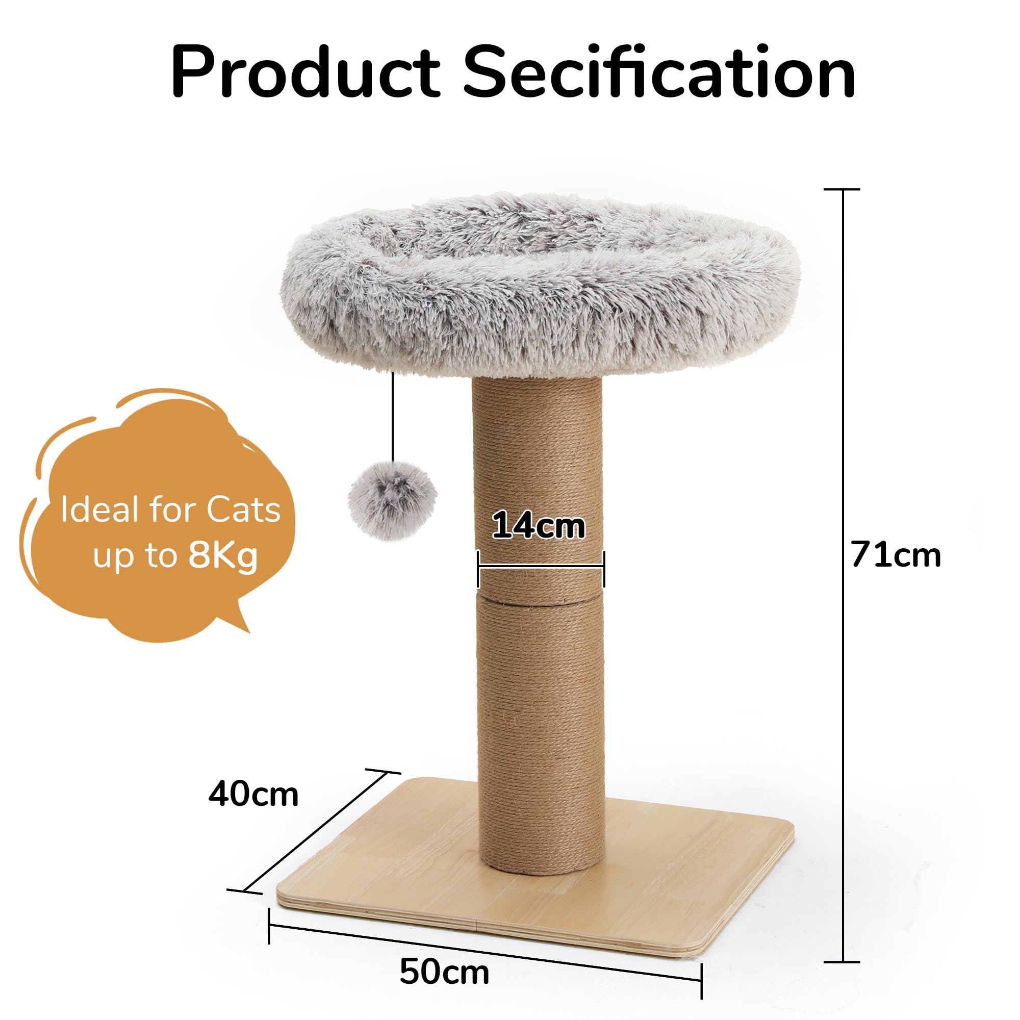 FUKUMARU Cat Scratching Post with Bed | Solid Wood Jute Cat Tower