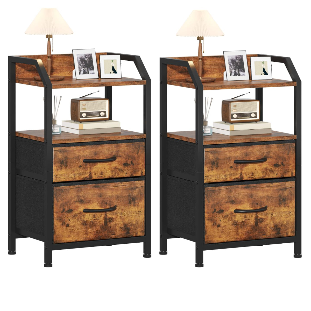 Feonase Set of 2 Bedside Table with 2 Fabric Drawers & Open Shelf - Sturdy Metal Frame Nightstand, Compact End Table for Bedroom, Living Room - image 1