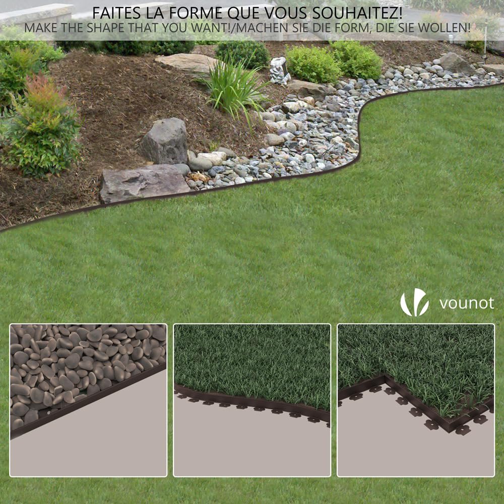 VOUNOT 20m Flexible Plastic Lawn Edging – Brown Garden Border with 60 Pegs