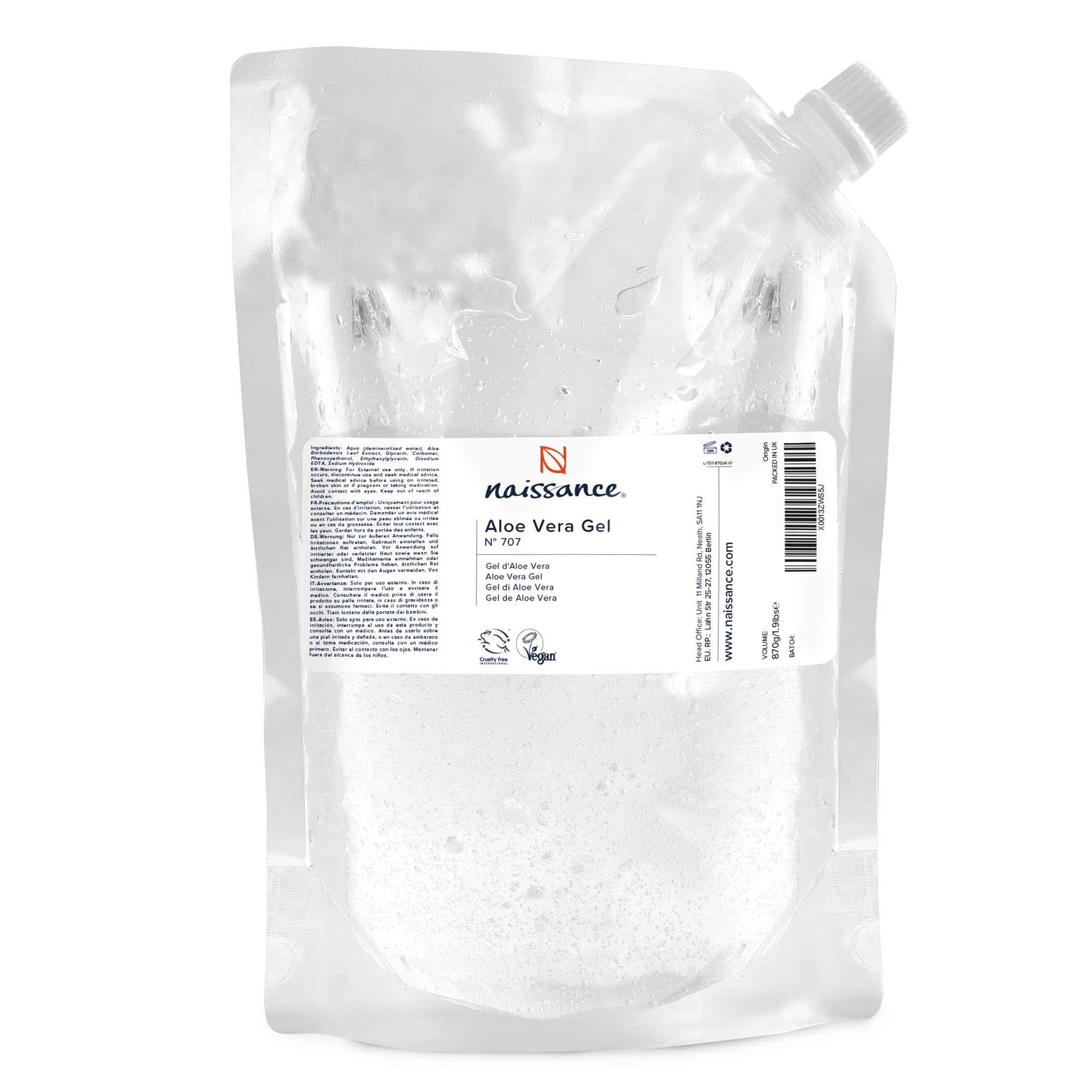 Naissance Aloe Vera Gel – 870g Eco Refill Pouch – Natural & Vegan