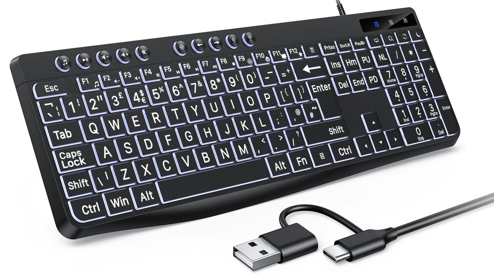 OMOTON Large Print Backlit Keyboard | Full Size USB & Type-C Wired