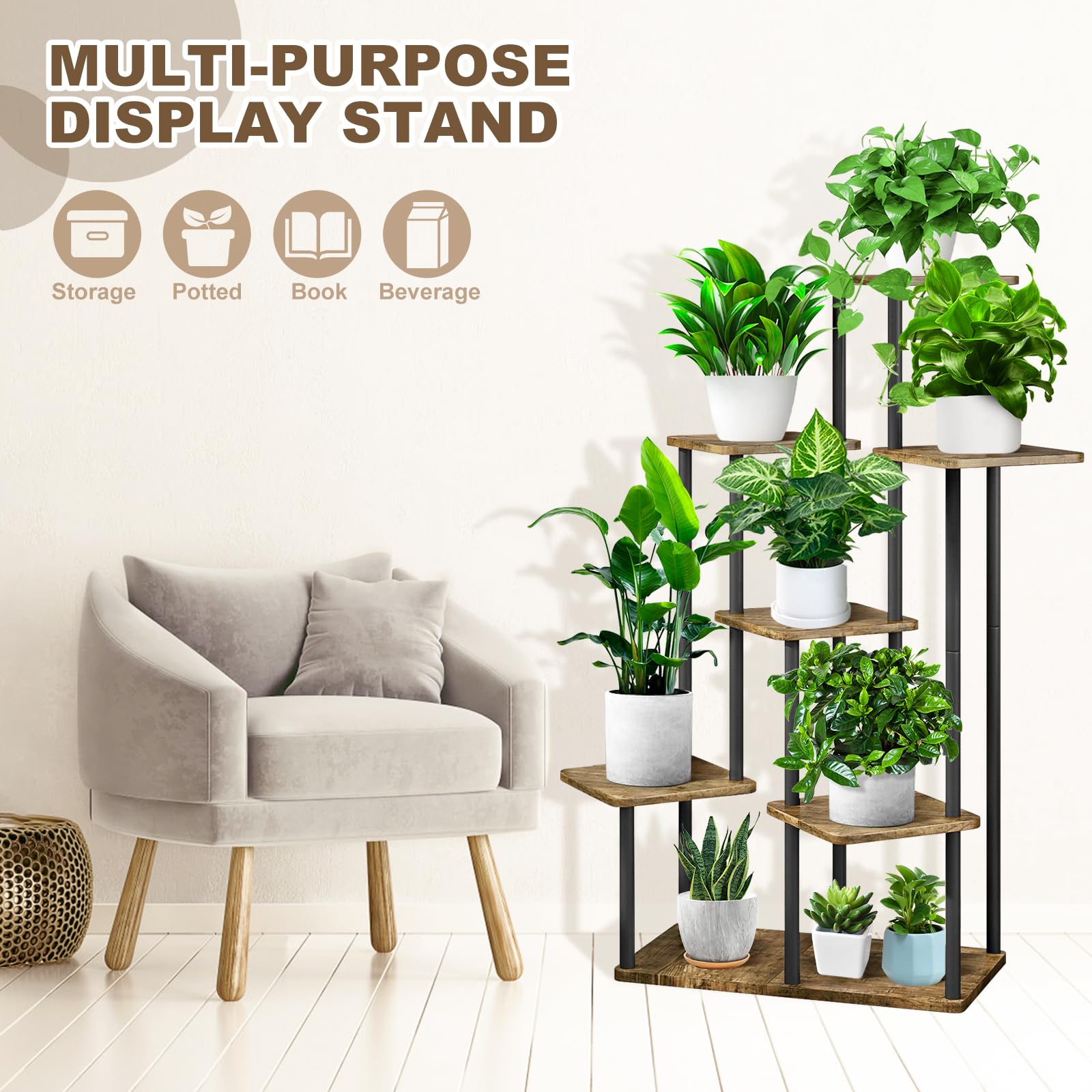 Wood & Metal Tall Plant Stand – Tiered Indoor Corner Rack