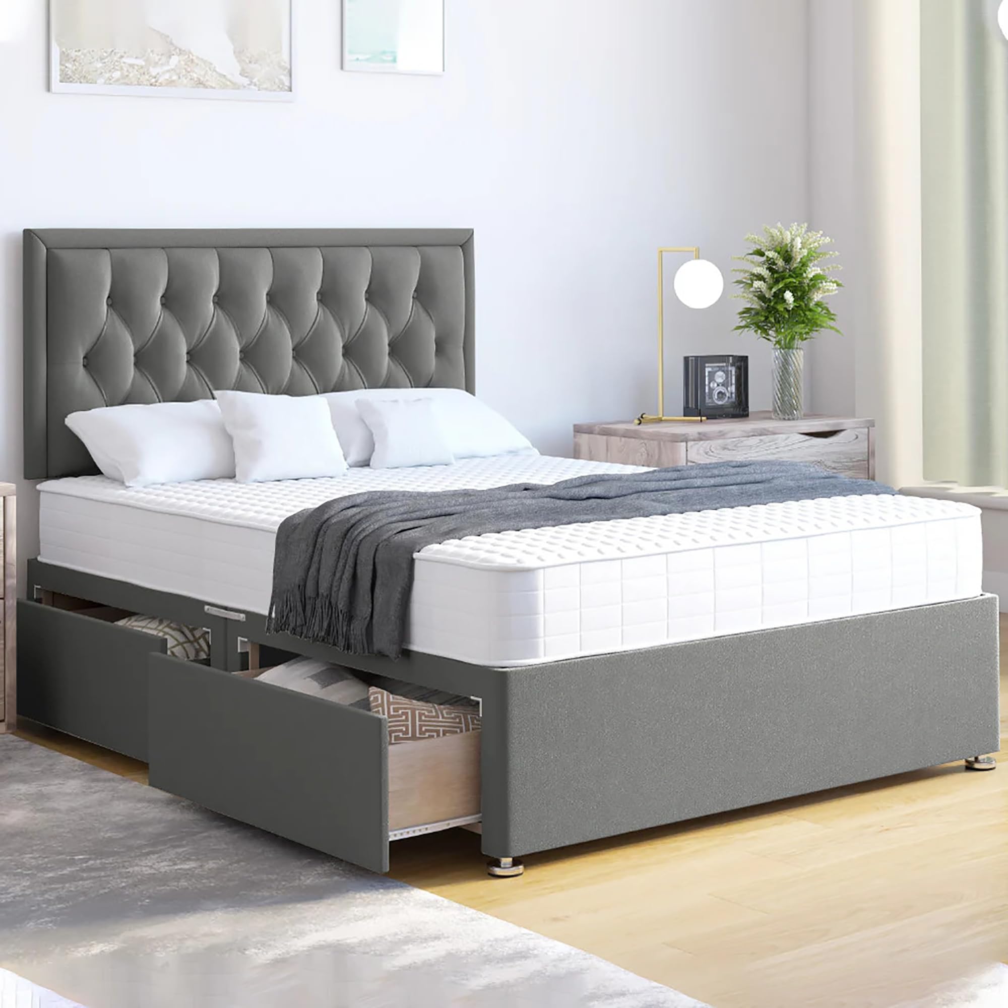 ComfoRest 3FT Single Grey Divan Bed with Mattress, 2 Drawers & Headboard