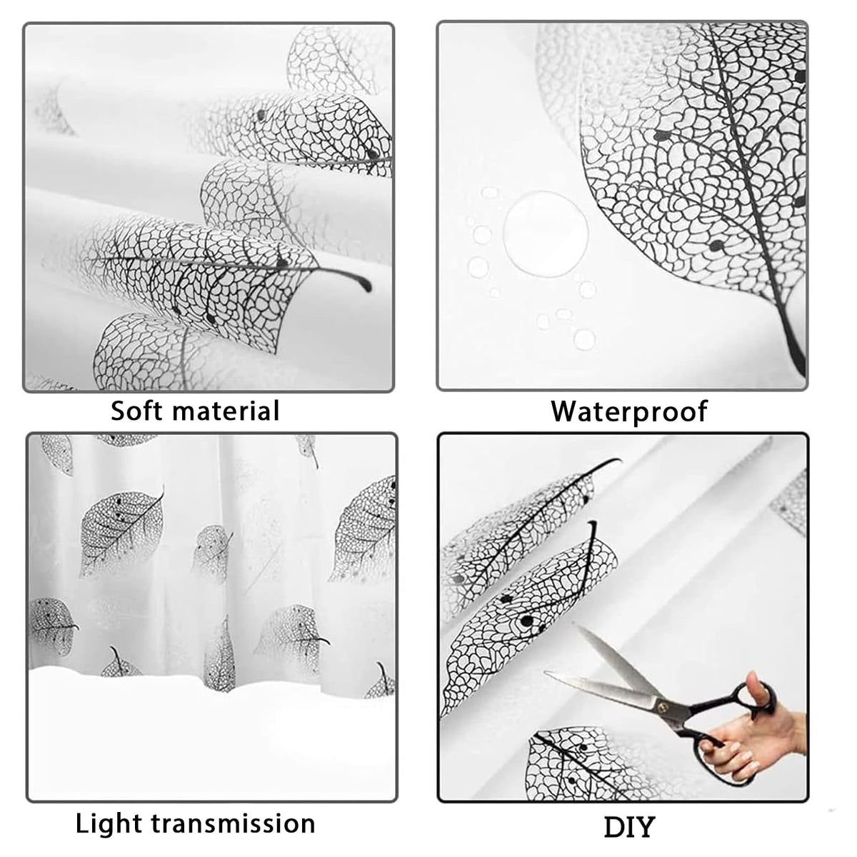 Shower Curtains Mould Proof Resistant - Leaves Patterned Semi-Transarent Shower Curtain, PEVA Waterproof Bathroom Curtains with 12 Hooks, 180 x 180 cm - image 3