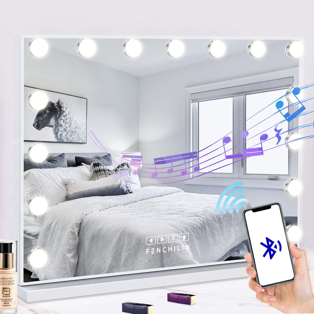 FENCHILIN Hollywood Vanity Mirror with Bluetooth Speaker and 15 LED Bulbs