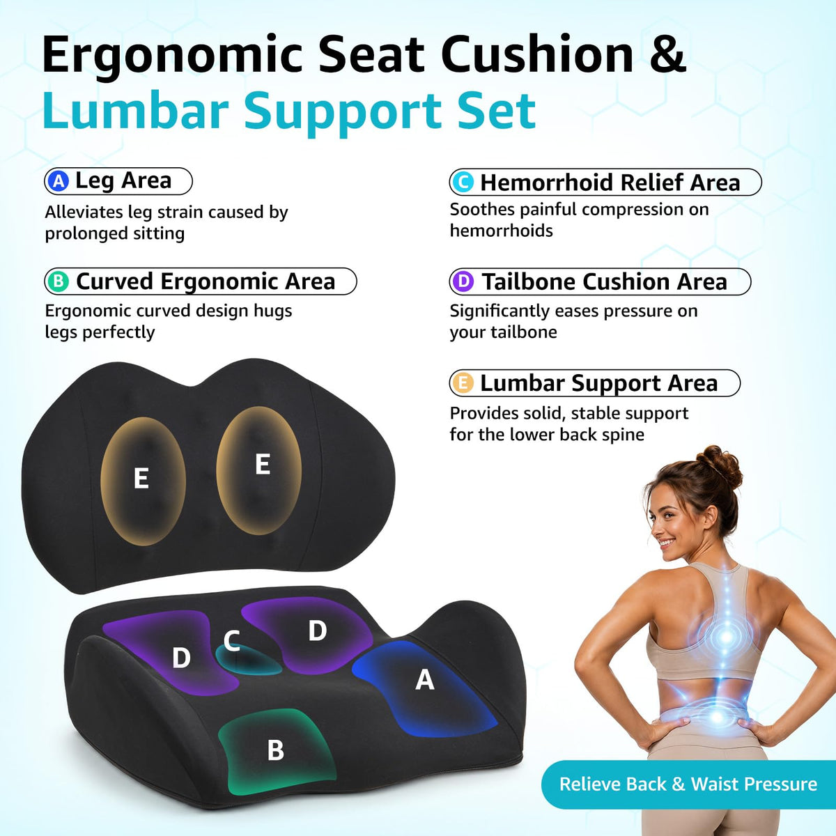 BRO Ergonomic Memory Foam Coccyx Cushion and Lumbar Support Cushion - image 3
