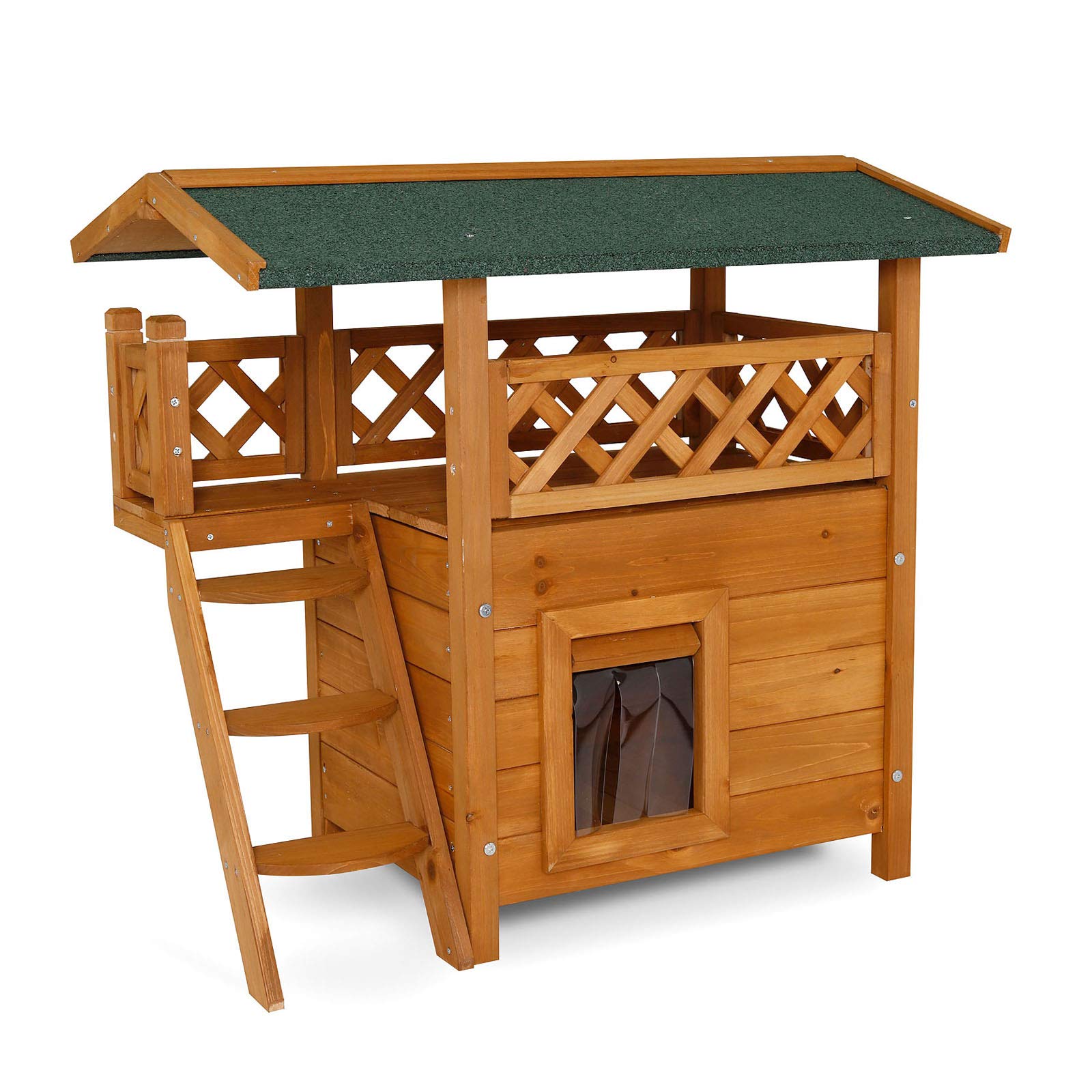 lionto Dibea Wooden Cat House with Terrace and Stairs – 77x50x73 cm