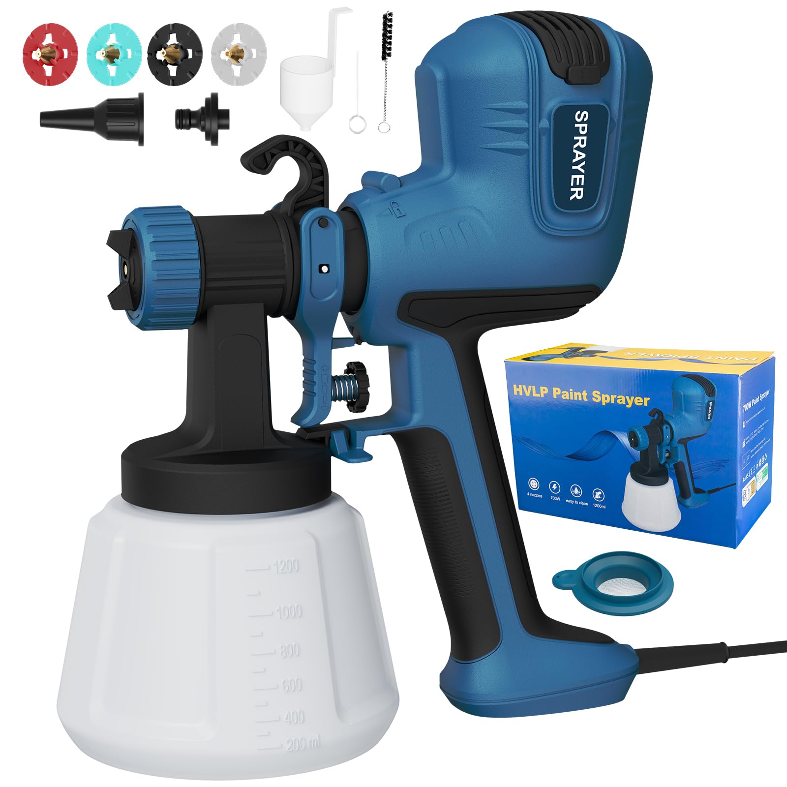 700W HVLP Paint Sprayer – 1200ml Tank with 4 Nozzles