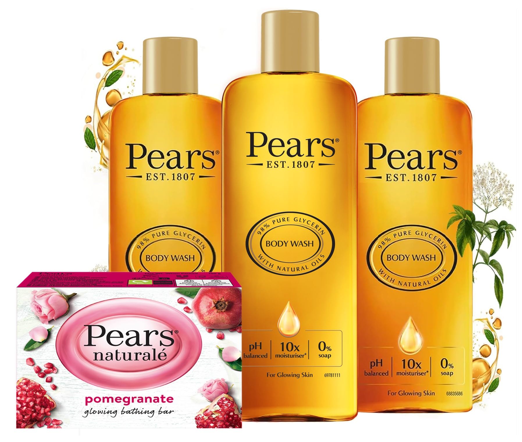 Pears Body Wash 3x250ml & Pomegranate Soap 100g - Moisturizing Bundle