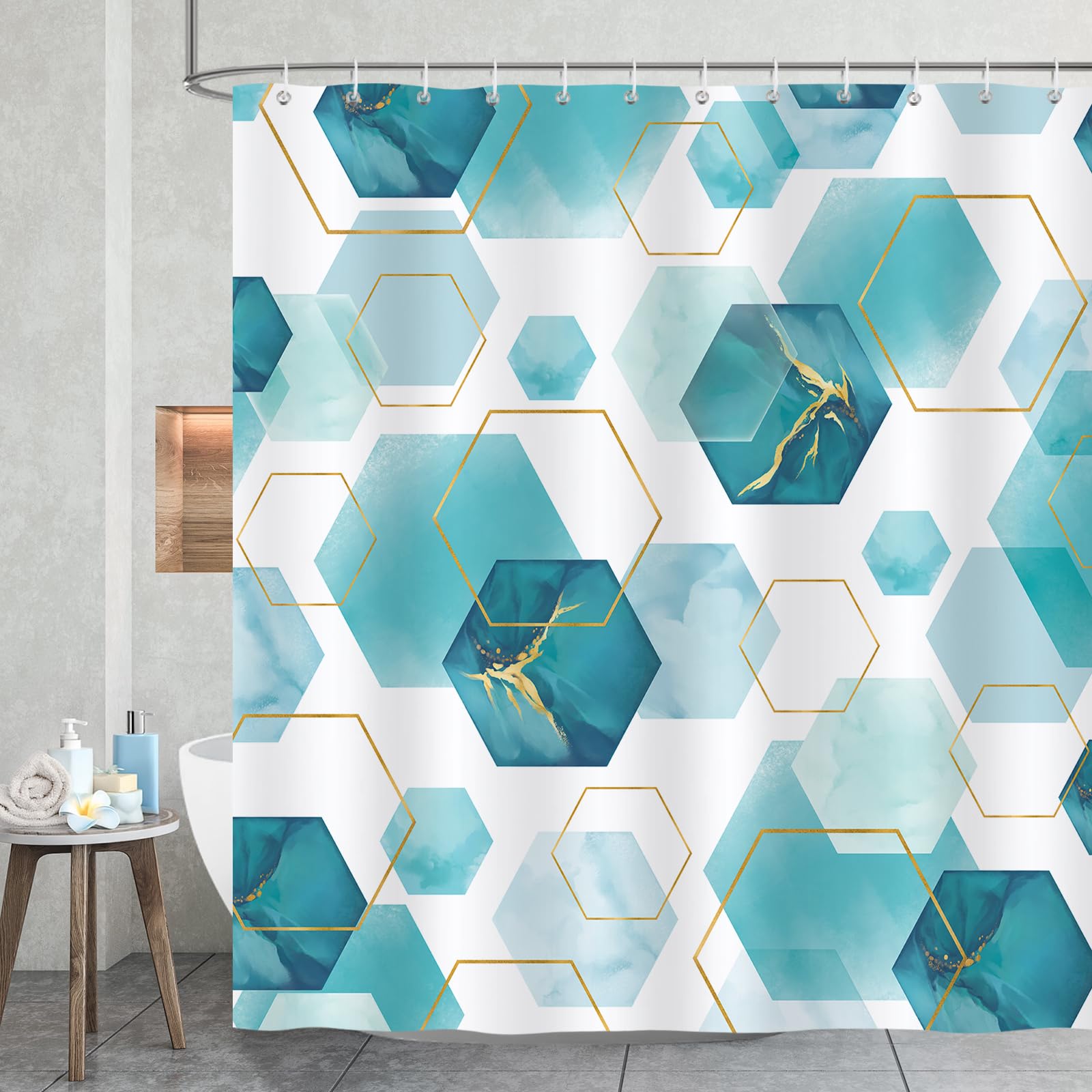 Bonhause Teal Geometric Shower Curtain – Modern Marble Waterproof Polyester