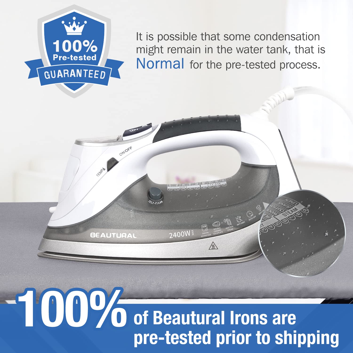 Beautural 2400W Steam Iron | LCD Display & Double Ceramic Soleplate