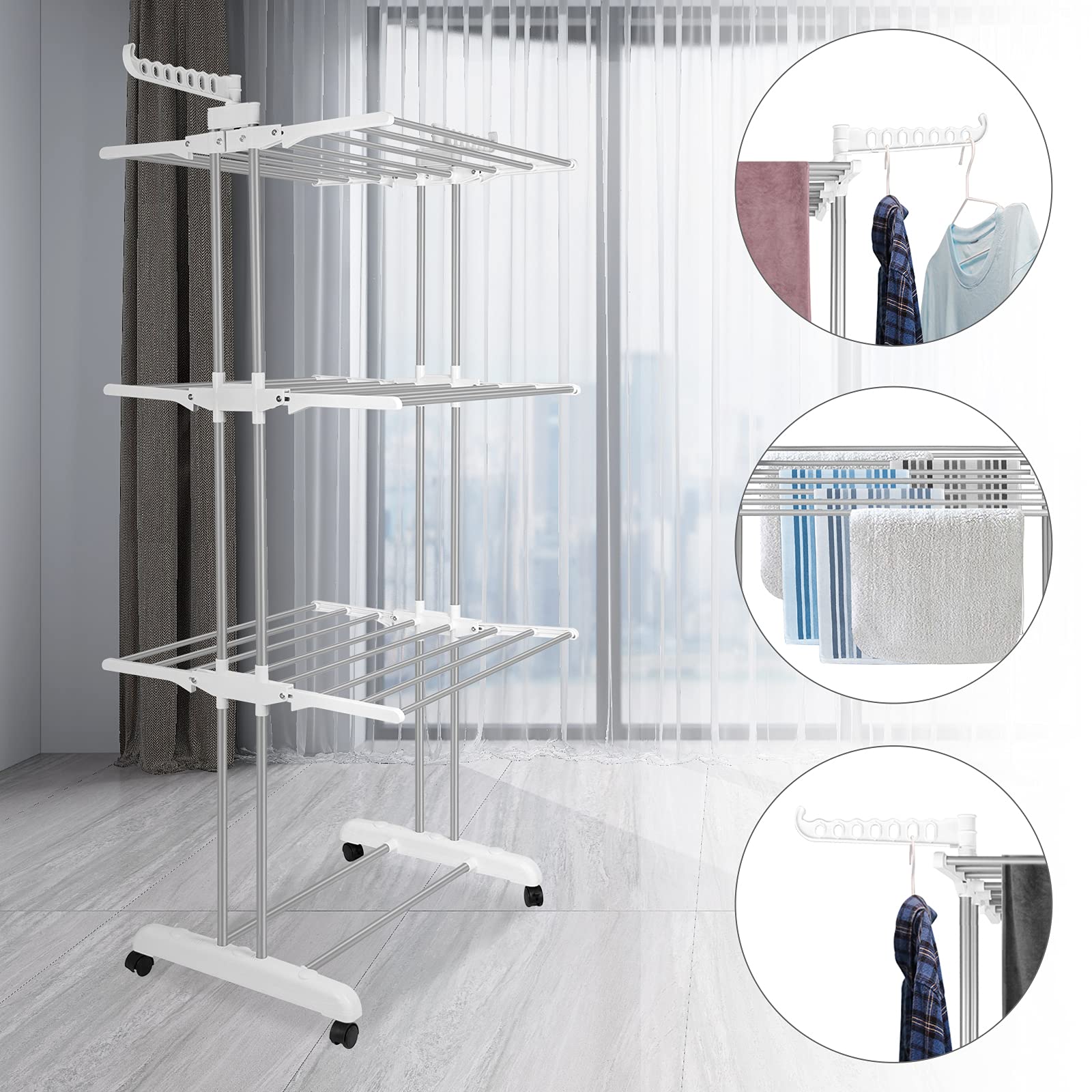Innotic 4-Tier Foldable Clothes Drying Rack | Stainless Steel Airer with Wheels