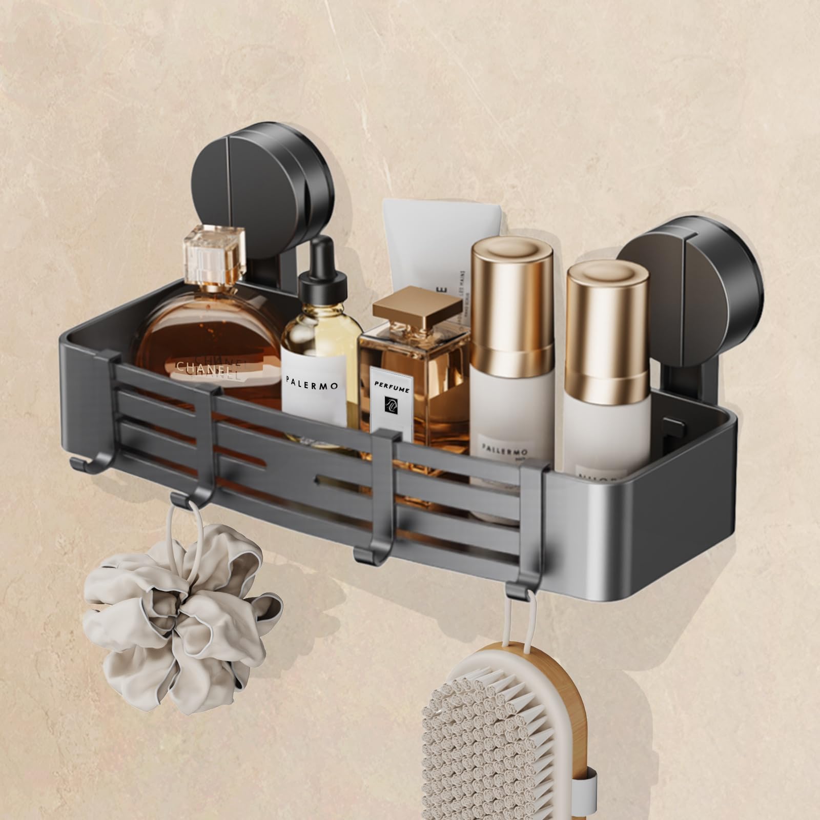 FERCOSEN Suction Cup Shower Caddy | Rust-Free Aluminum Shelf with 4 Hooks